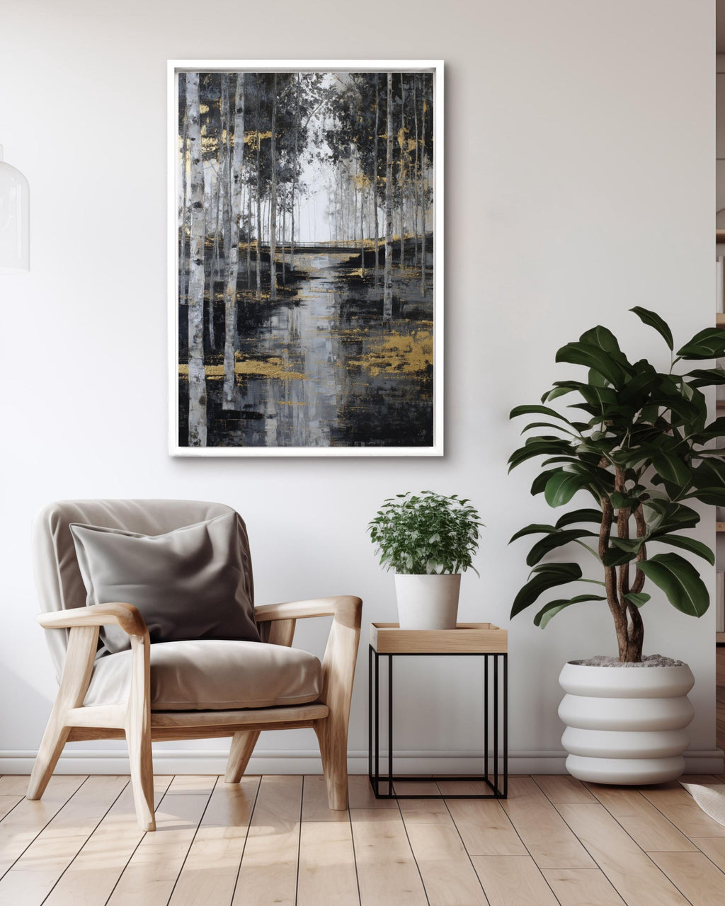 Abstract Birch Tree Forest Art: Gold Accent Landscape Print Canvas Wall Art – Modern Decor Print