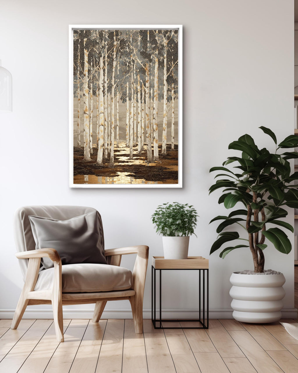 Batik Birch Tree Forest Art Print: Tan, Black & Gold Highlights Canvas Wall Art – Modern Decor Print