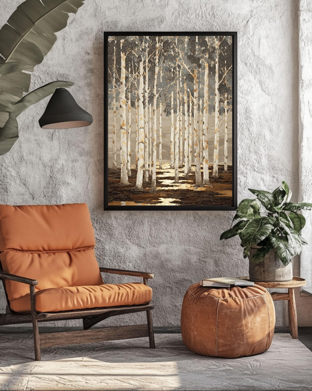 Batik Birch Tree Forest Art Print: Tan, Black & Gold Highlights Canvas Wall Art – Modern Decor Print