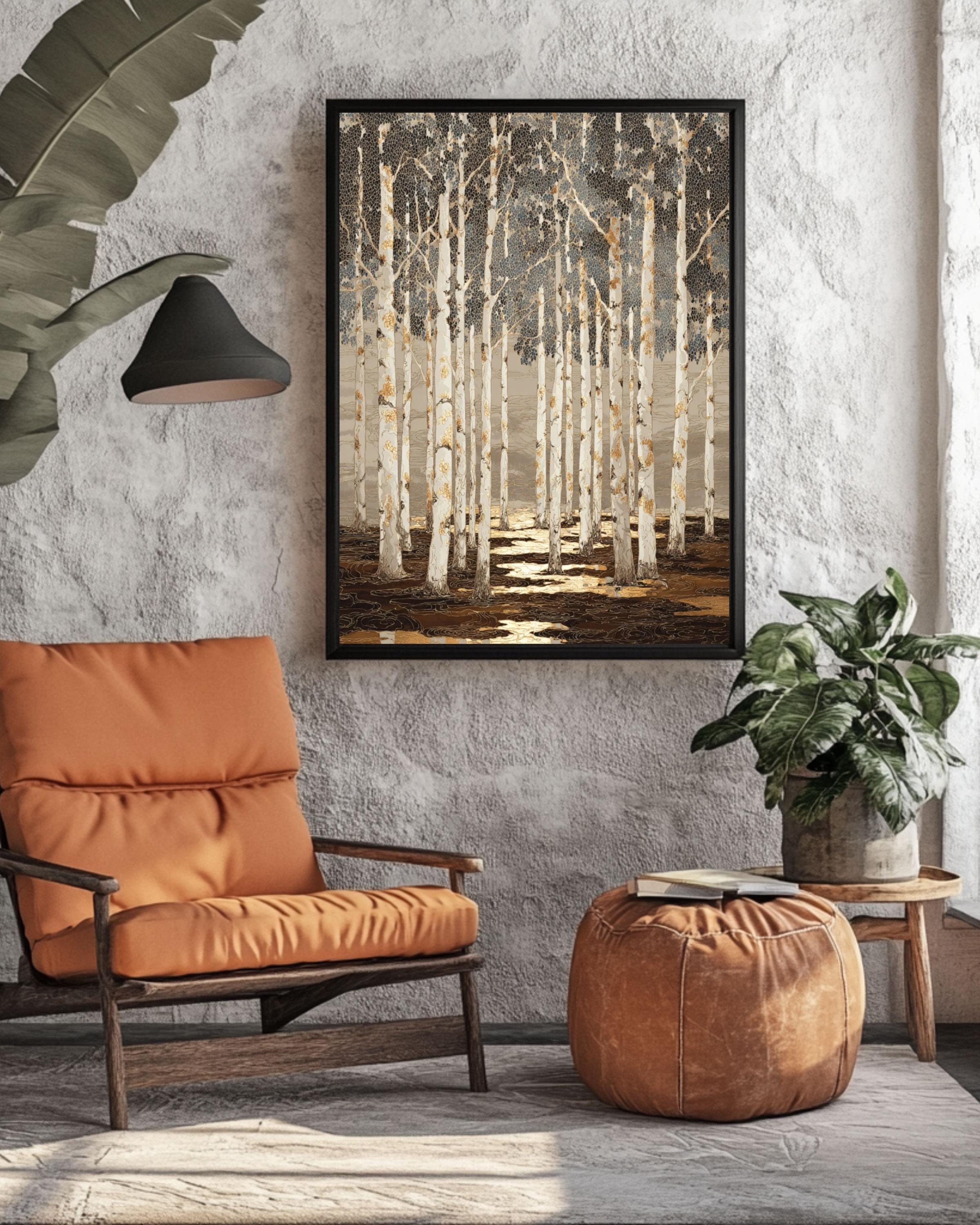 Batik Birch Tree Forest Art Print: Tan, Black & Gold Highlights Canvas Wall Art – Modern Decor Print