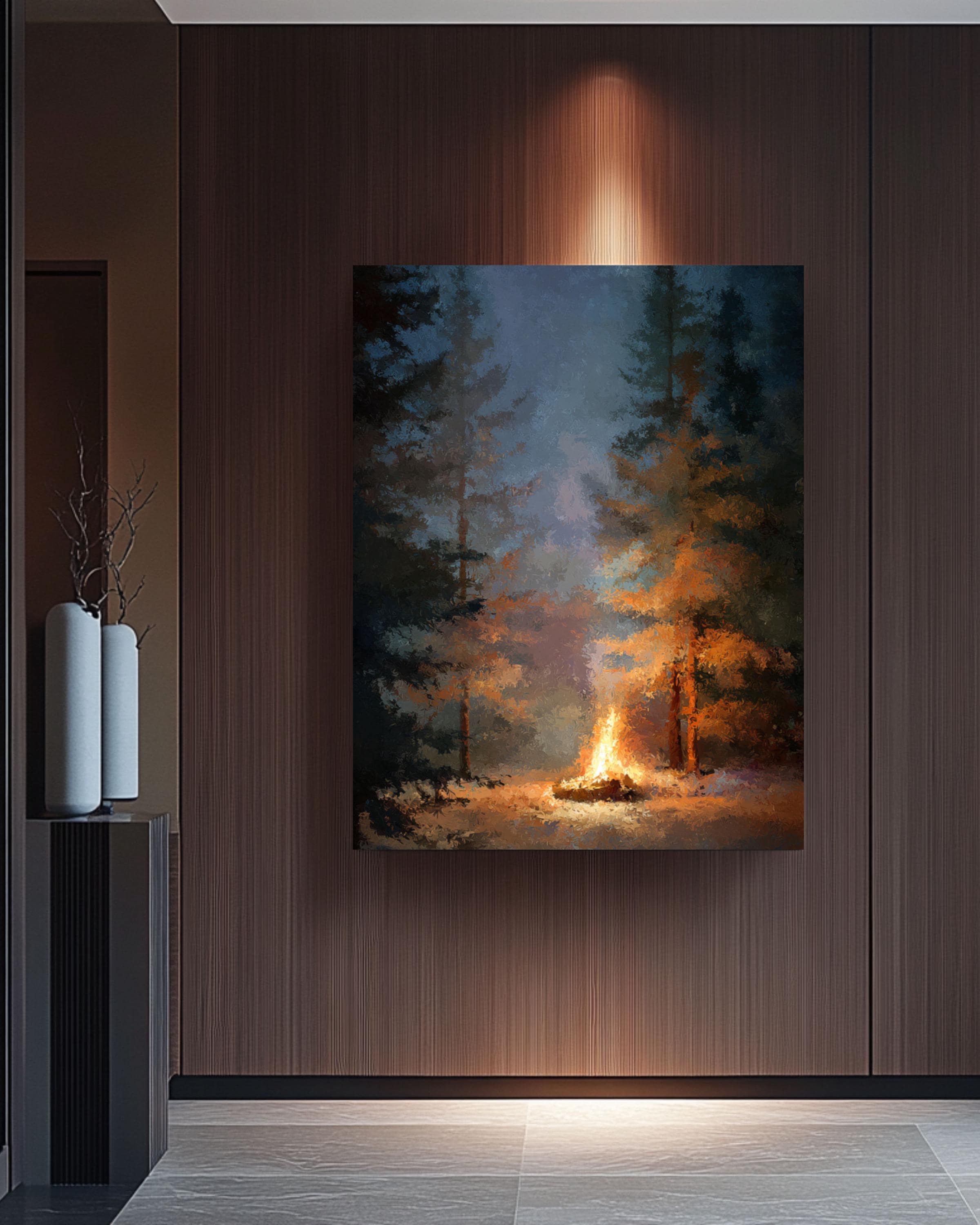 Campfire Forest Art Print: Cozy Cabin Decor, Oil Style Canvas Wall Art – Modern Decor Print