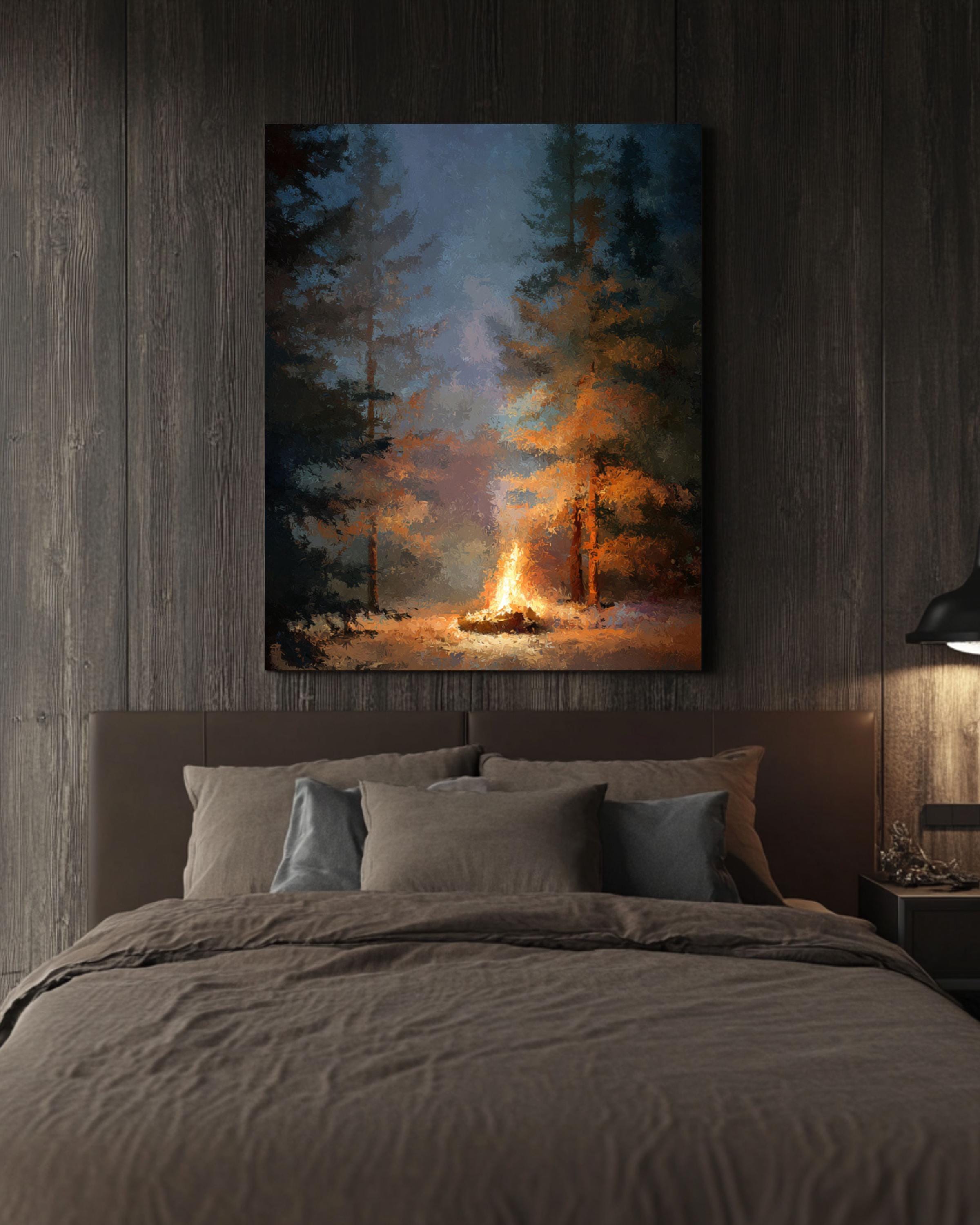 Campfire Forest Art Print: Cozy Cabin Decor, Oil Style Canvas Wall Art – Modern Decor Print