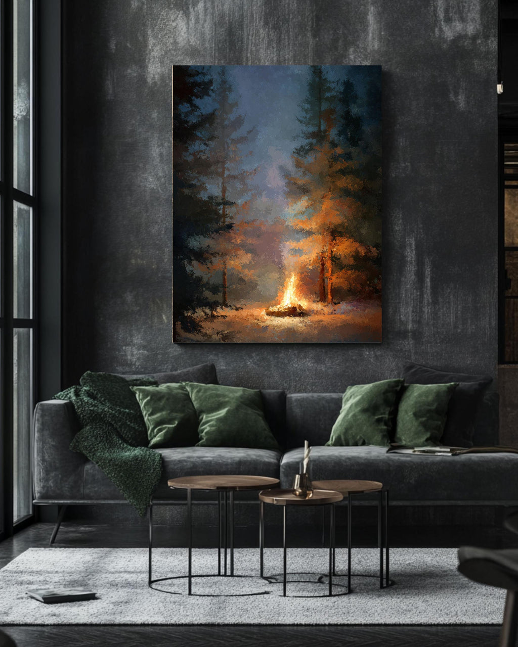 Campfire Forest Art Print: Cozy Cabin Decor, Oil Style Canvas Wall Art – Modern Decor Print