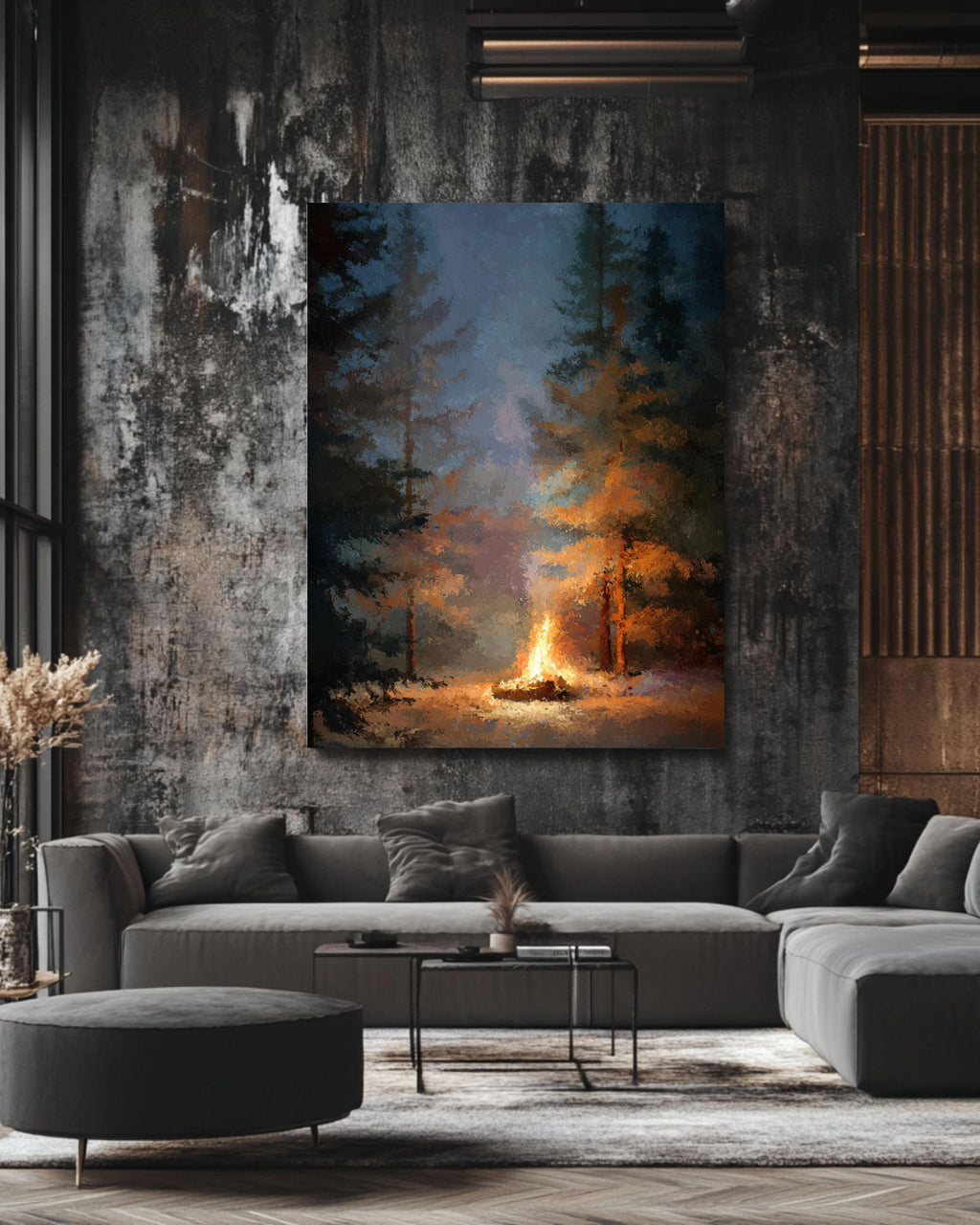 Campfire Forest Art Print: Cozy Cabin Decor, Oil Style Canvas Wall Art – Modern Decor Print