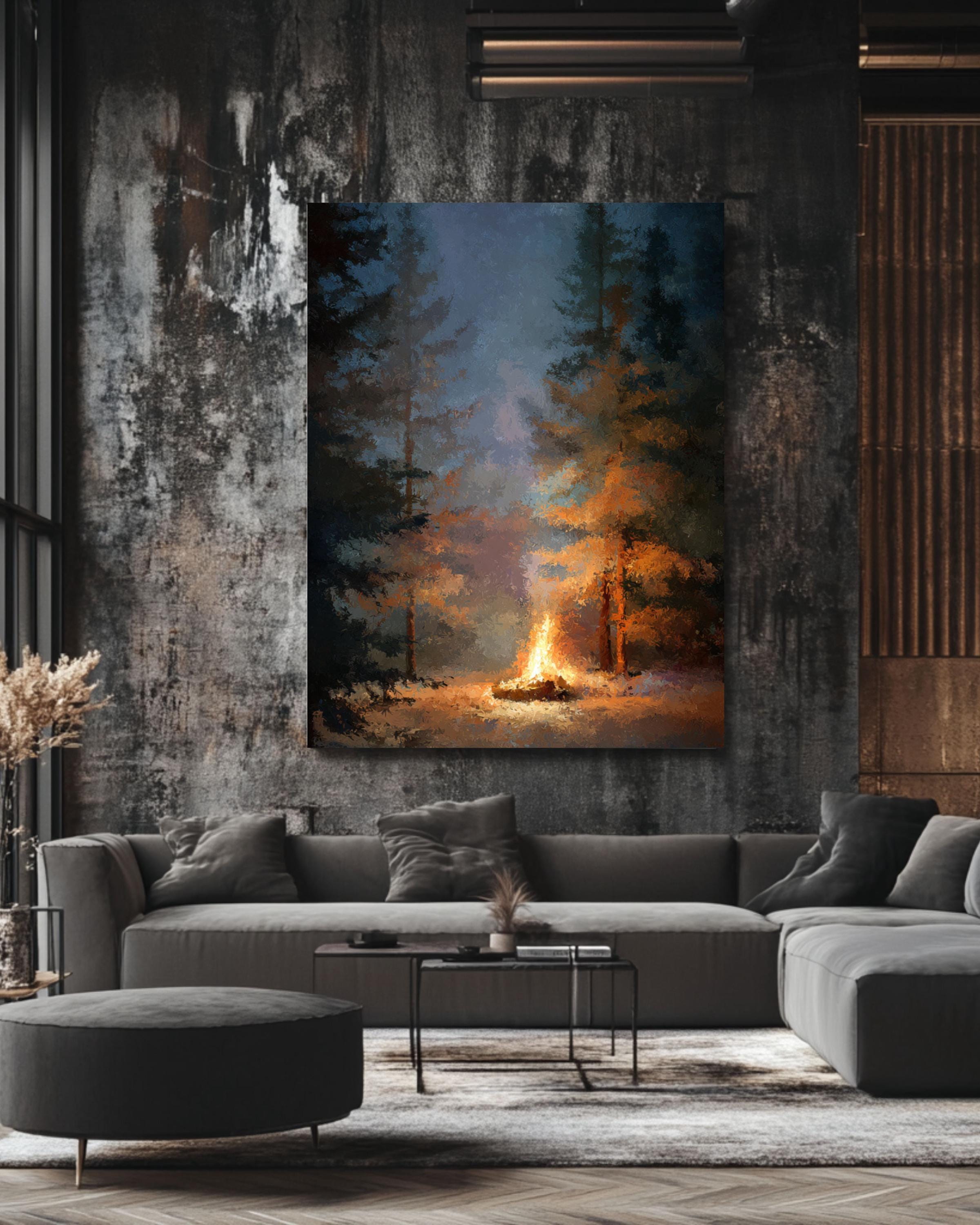 Campfire Forest Art Print: Cozy Cabin Decor, Oil Style Canvas Wall Art – Modern Decor Print