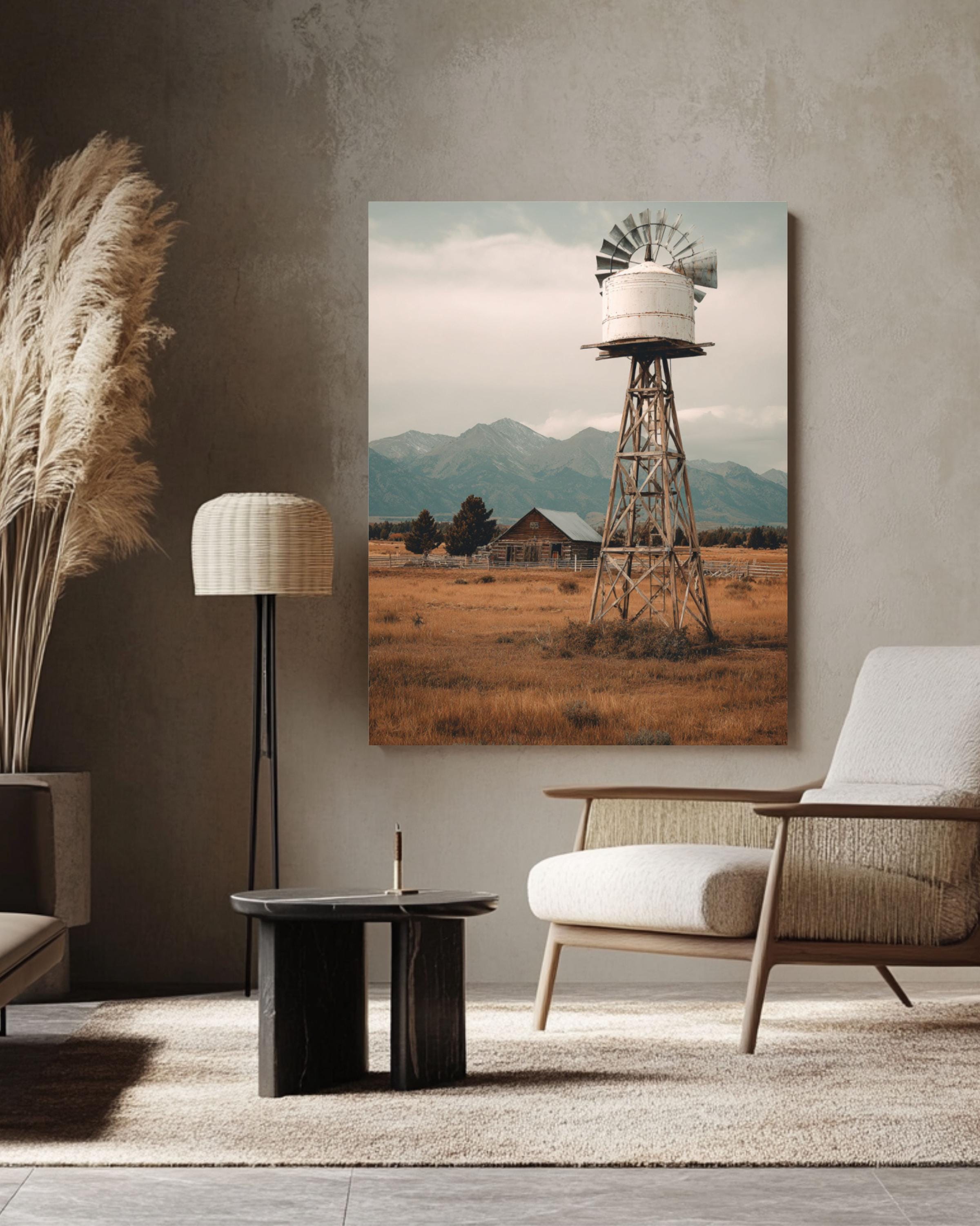Vintage Windmill Farm Photo: Rustic Americana Landscape Art Print Canvas Wall Art – Modern Decor Print