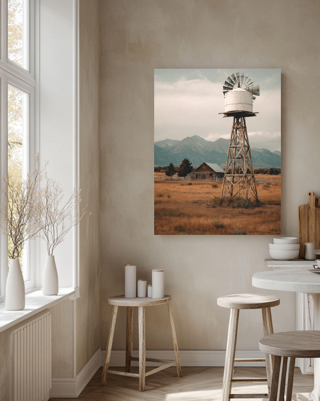 Vintage Windmill Farm Photo: Rustic Americana Landscape Art Print Canvas Wall Art – Modern Decor Print