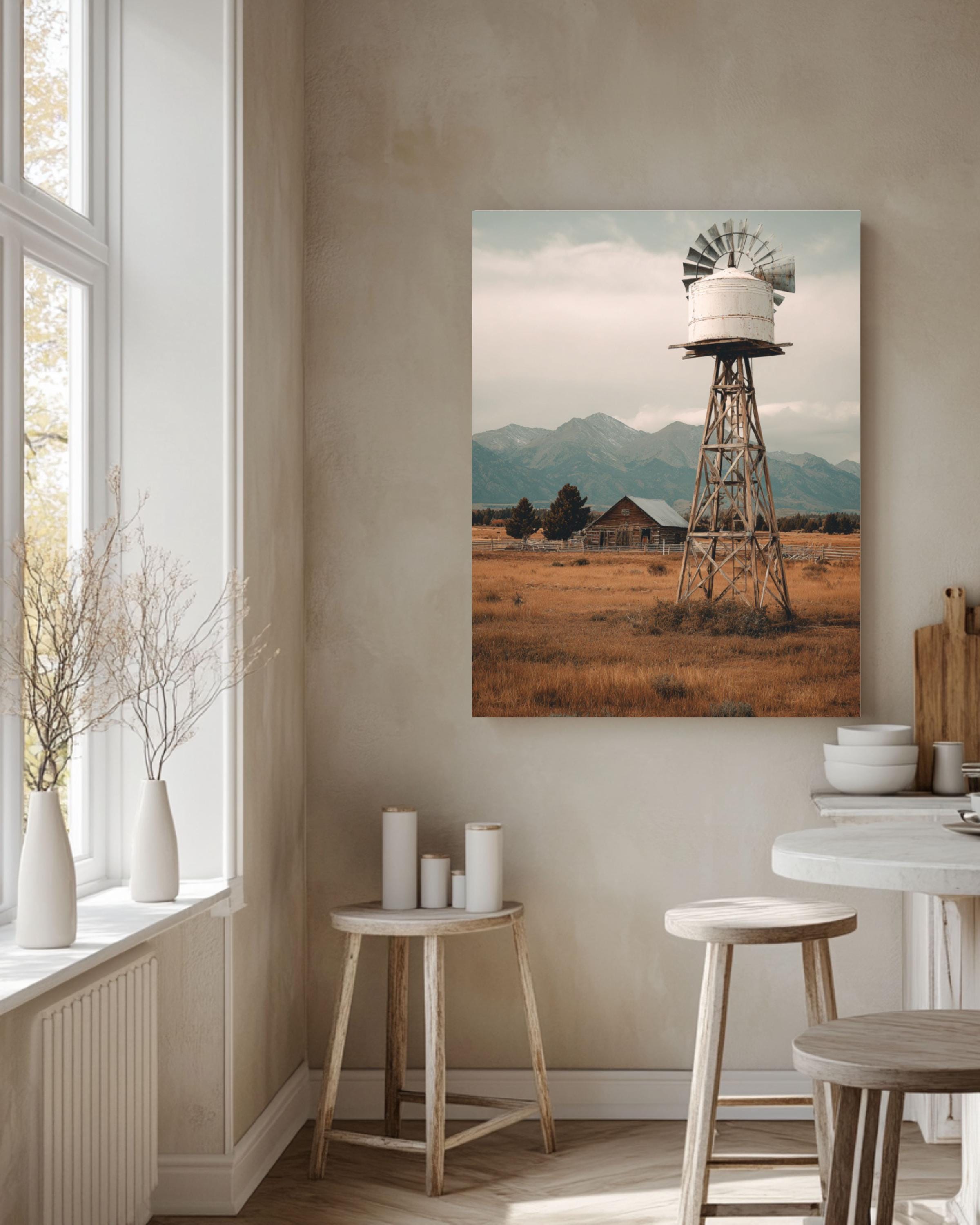 Vintage Windmill Farm Photo: Rustic Americana Landscape Art Print Canvas Wall Art – Modern Decor Print