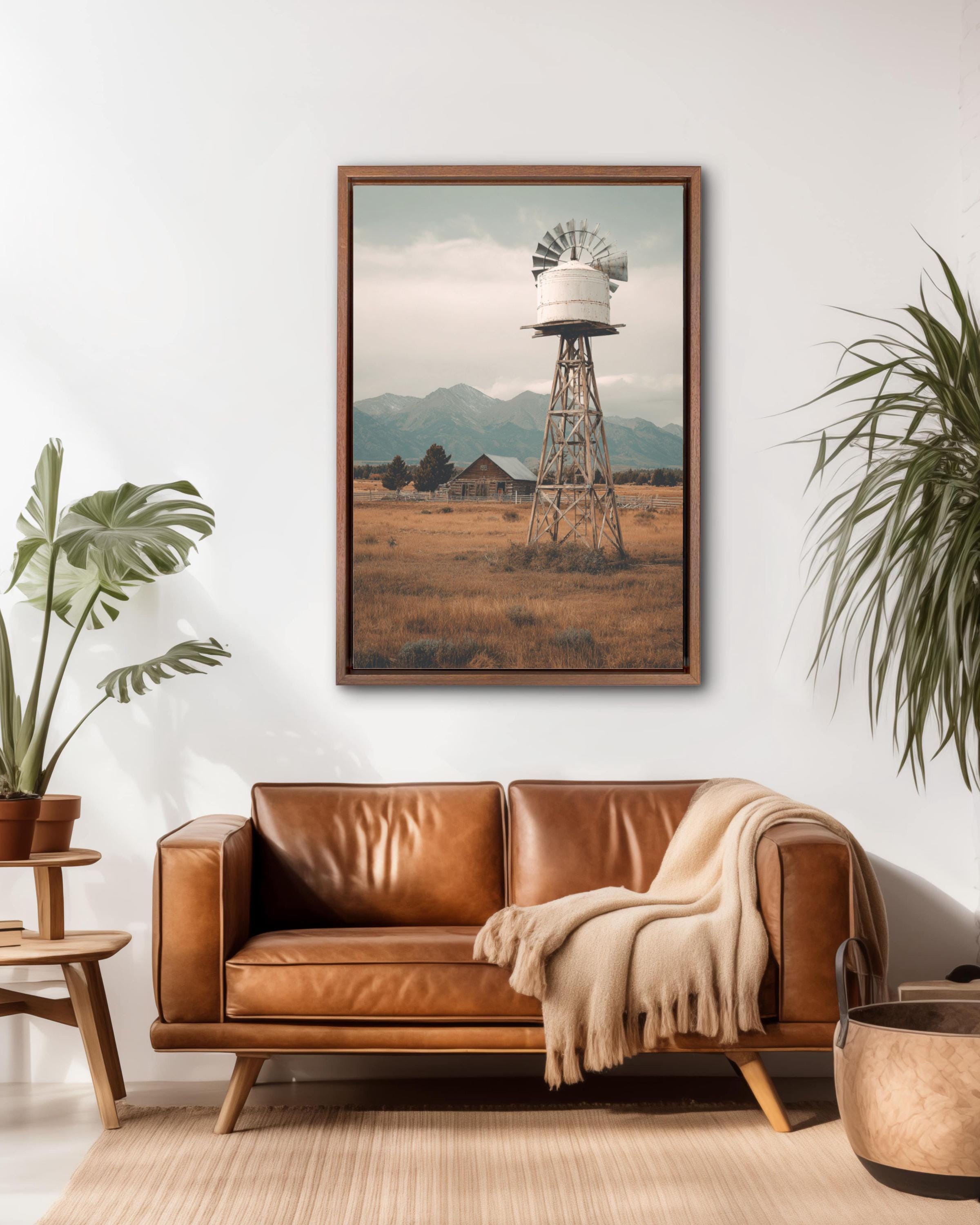 Vintage Windmill Farm Photo: Rustic Americana Landscape Art Print Canvas Wall Art – Modern Decor Print