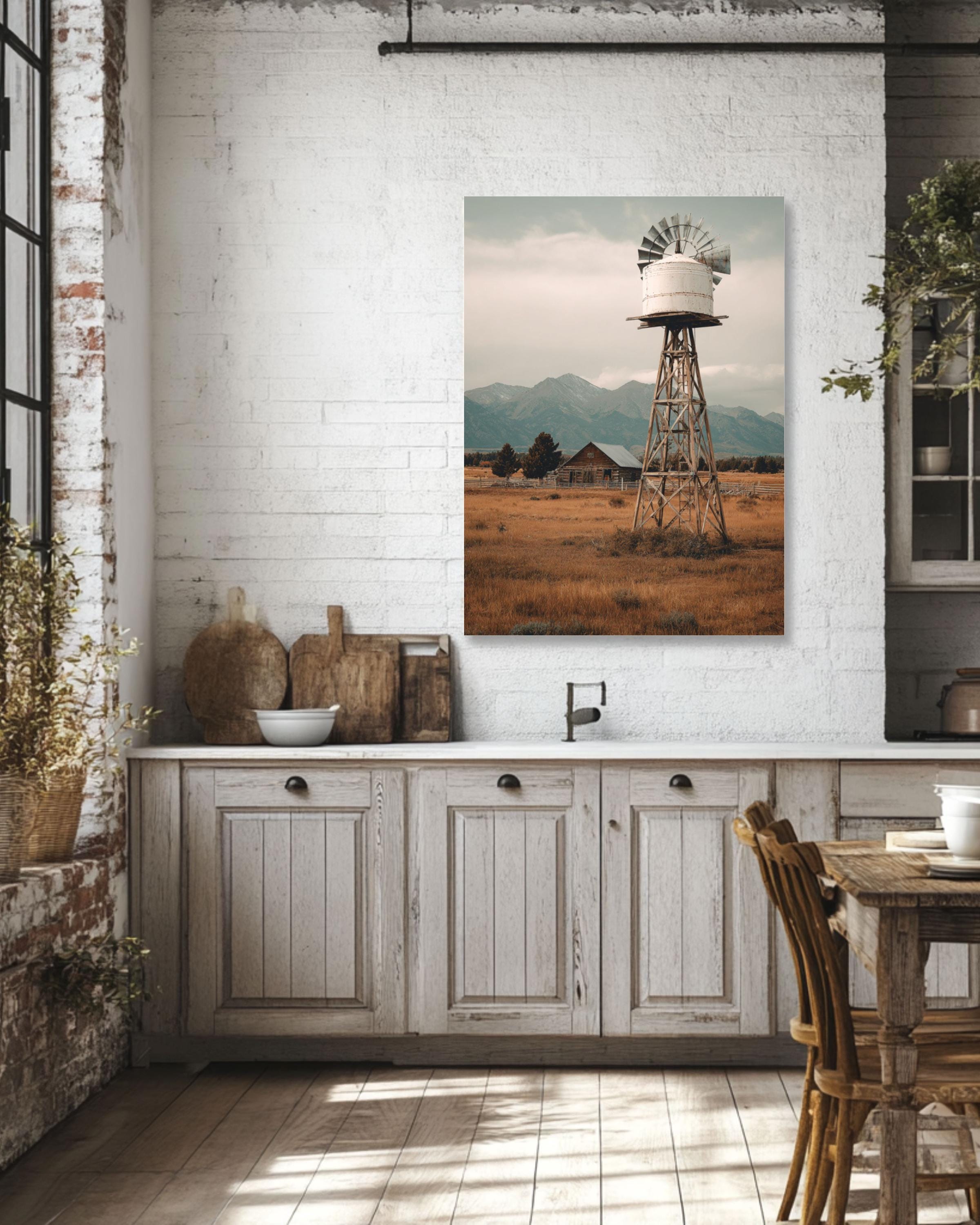 Vintage Windmill Farm Photo: Rustic Americana Landscape Art Print Canvas Wall Art – Modern Decor Print