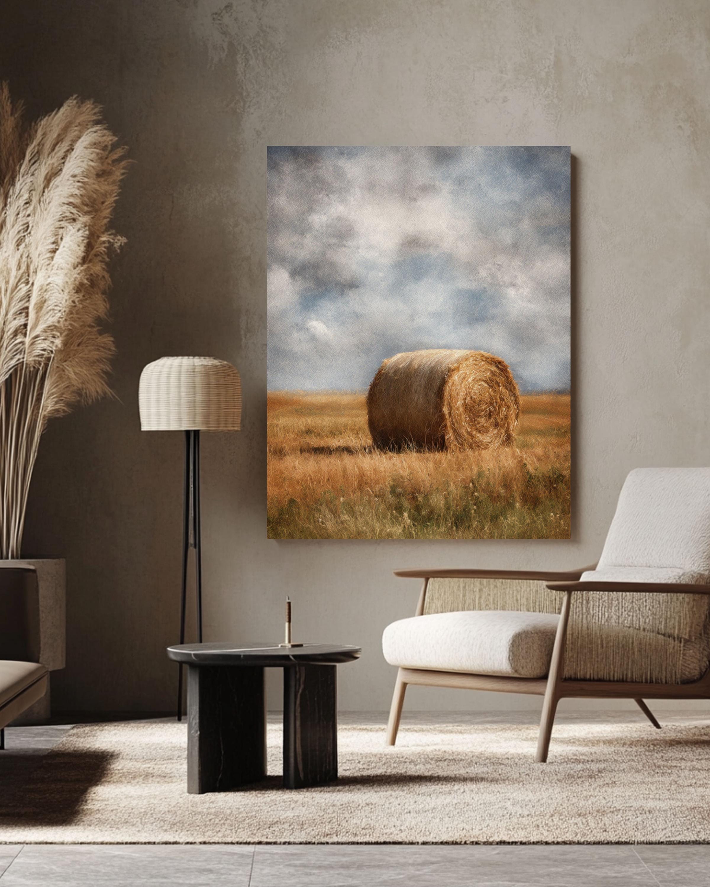 Vintage Hay Bale Field Art: Rustic Country Landscape Print Canvas Wall Art – Modern Decor Print