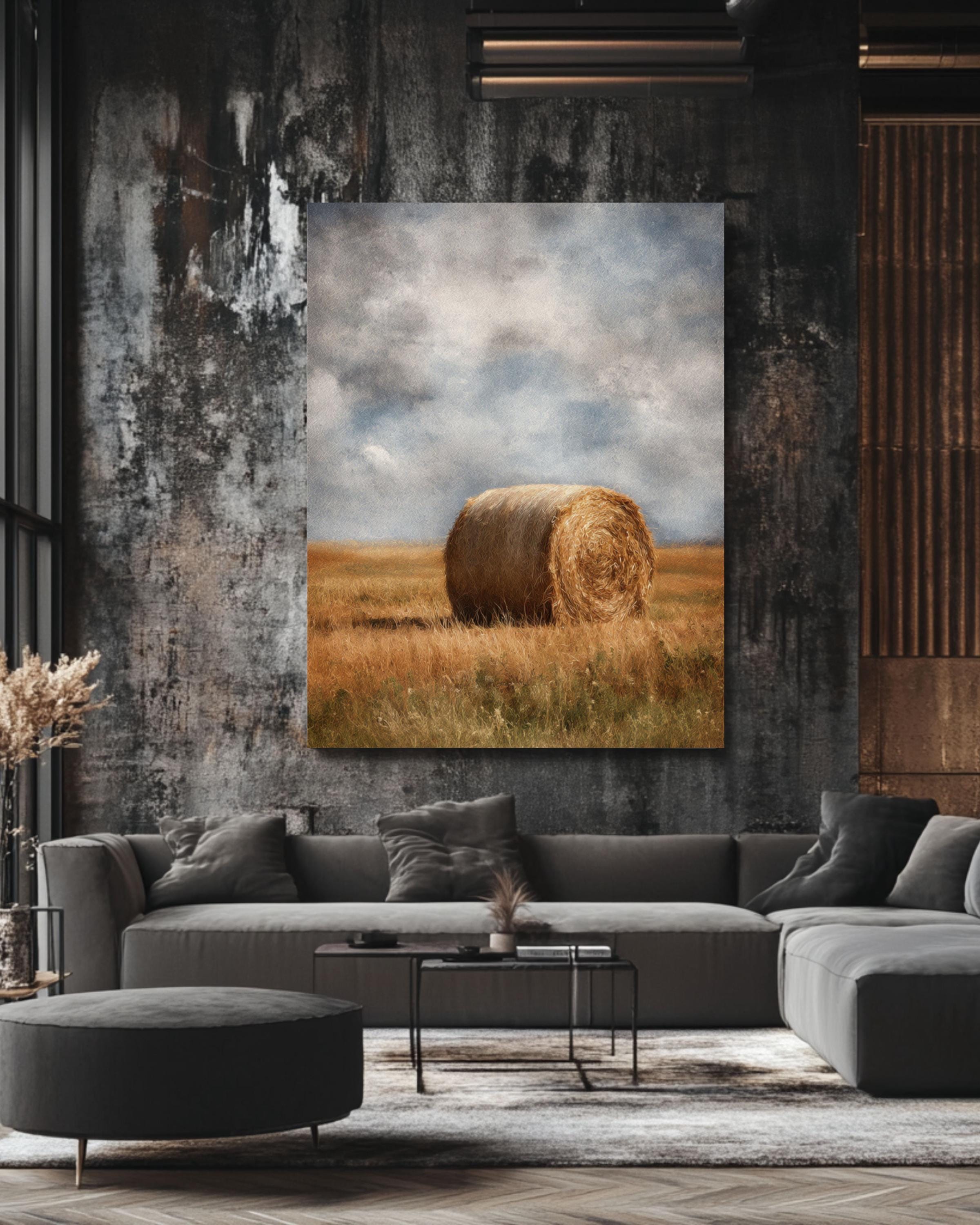 Vintage Hay Bale Field Art: Rustic Country Landscape Print Canvas Wall Art – Modern Decor Print