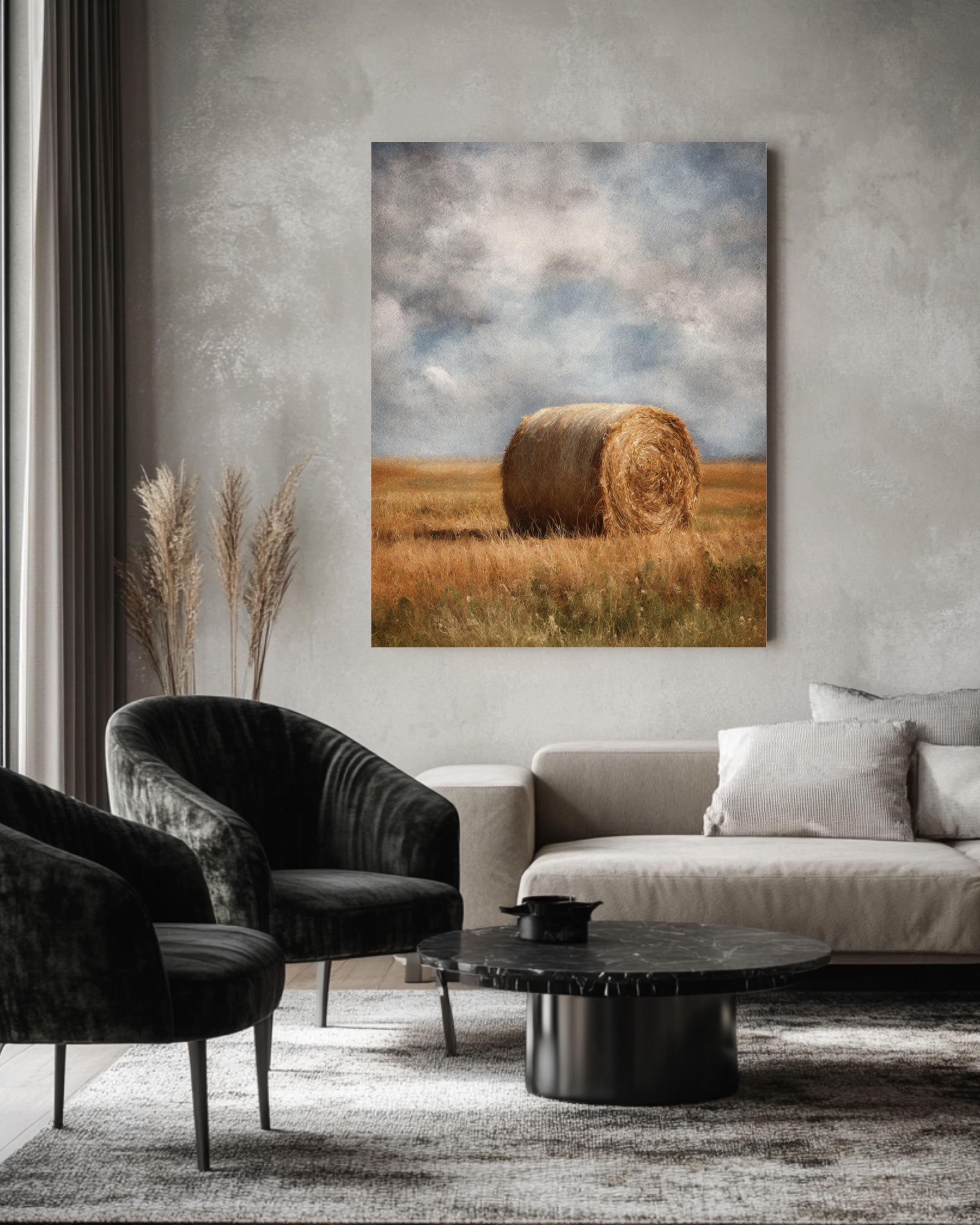 Vintage Hay Bale Field Art: Rustic Country Landscape Print Canvas Wall Art – Modern Decor Print