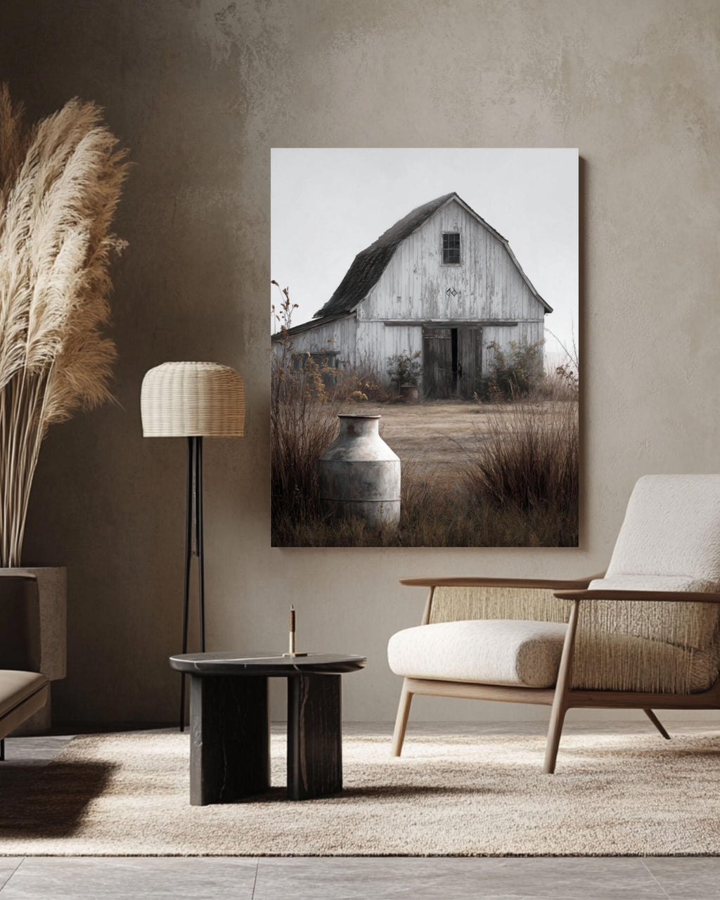 Rustic White Barn Print: Farmhouse Milk Can, Arrow Detail Canvas Wall Art – Modern Decor Print