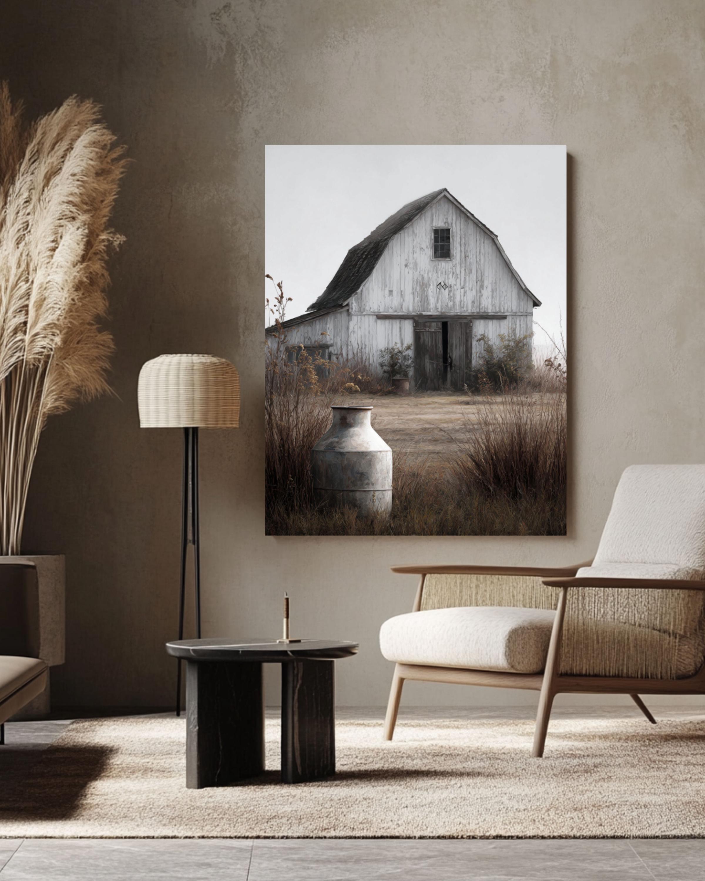 Rustic White Barn Print: Farmhouse Milk Can, Arrow Detail Canvas Wall Art – Modern Decor Print