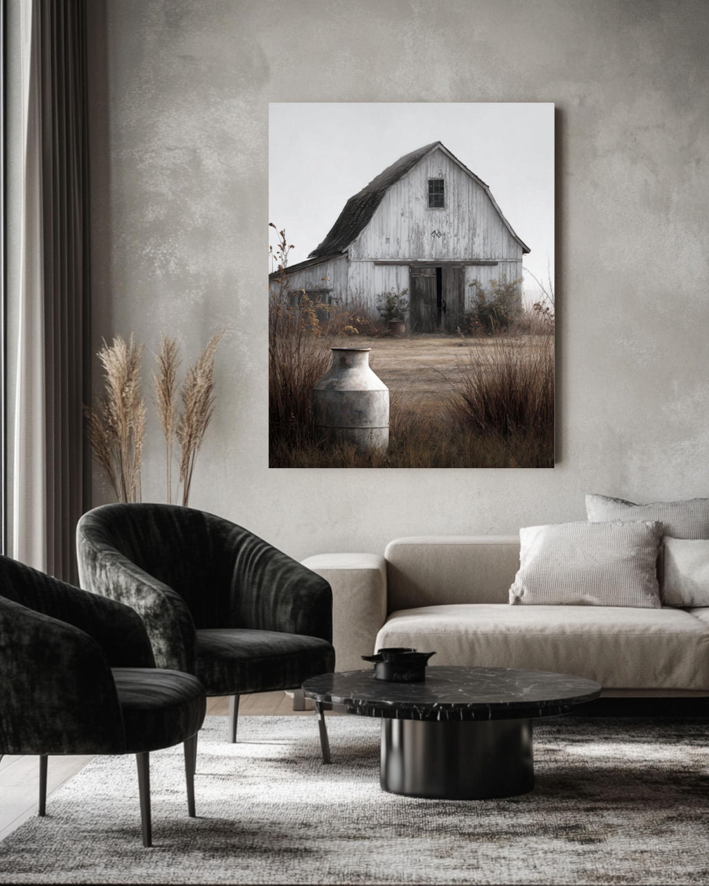 Rustic White Barn Print: Farmhouse Milk Can, Arrow Detail Canvas Wall Art – Modern Decor Print