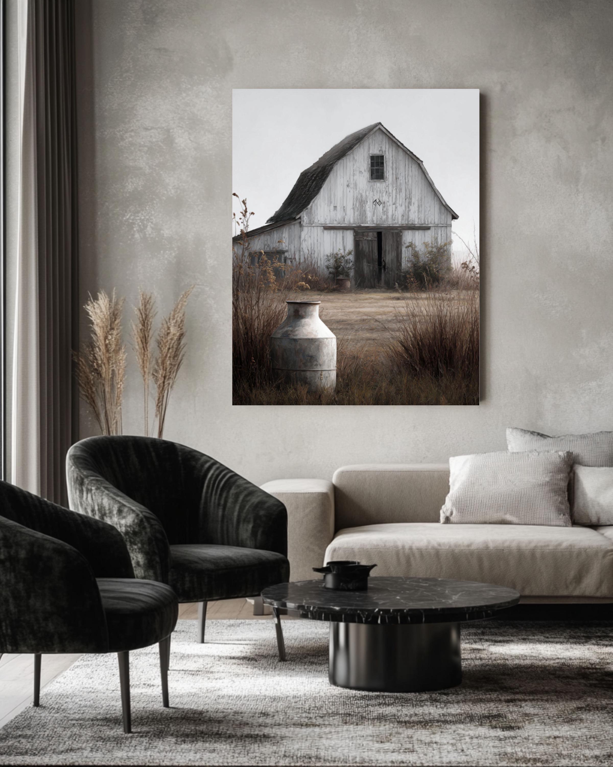 Rustic White Barn Print: Farmhouse Milk Can, Arrow Detail Canvas Wall Art – Modern Decor Print