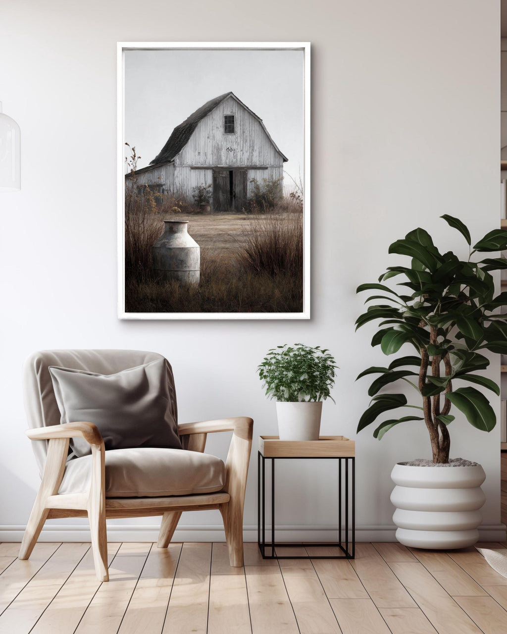 Rustic White Barn Print: Farmhouse Milk Can, Arrow Detail Canvas Wall Art – Modern Decor Print