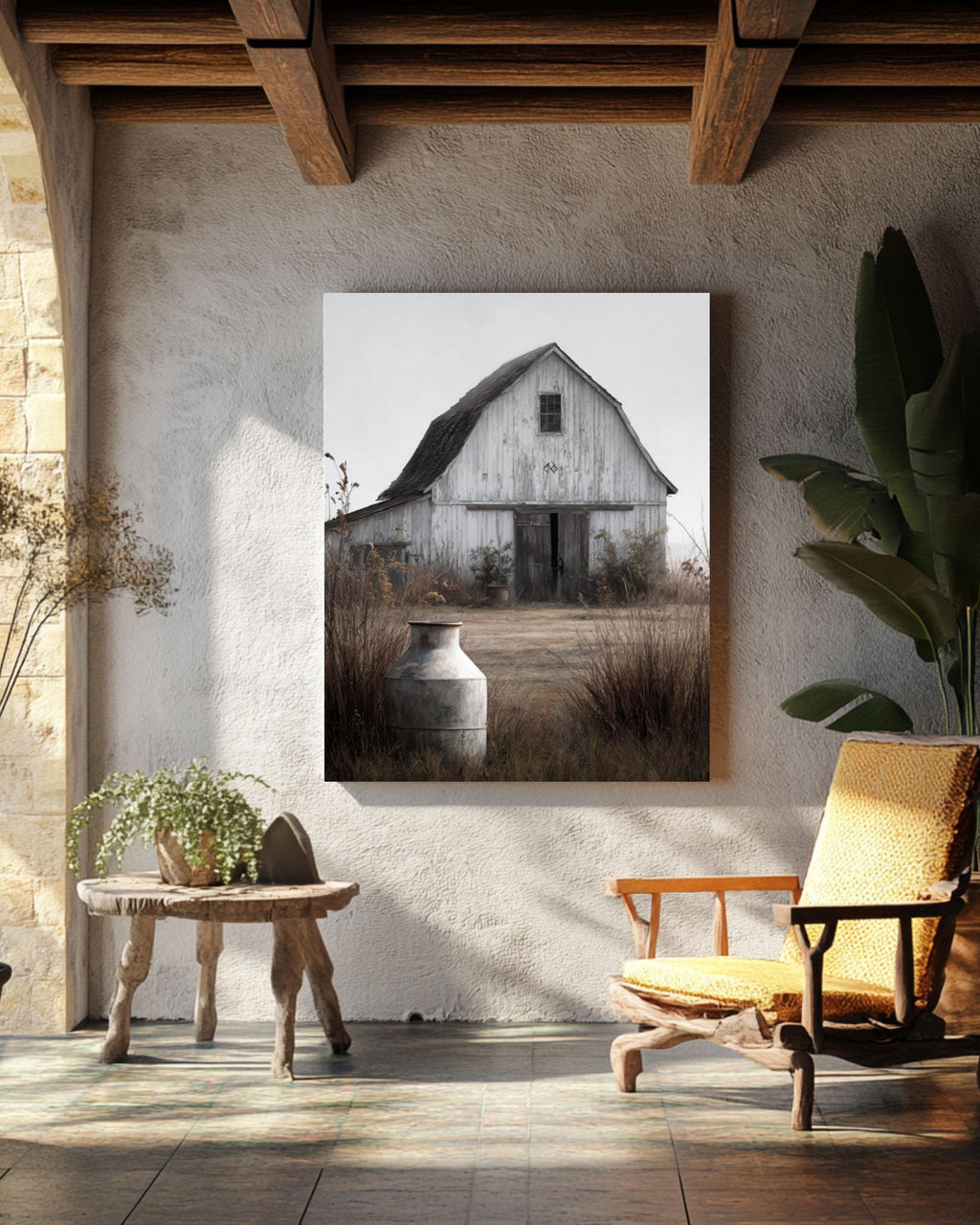 Rustic White Barn Print: Farmhouse Milk Can, Arrow Detail Canvas Wall Art – Modern Decor Print