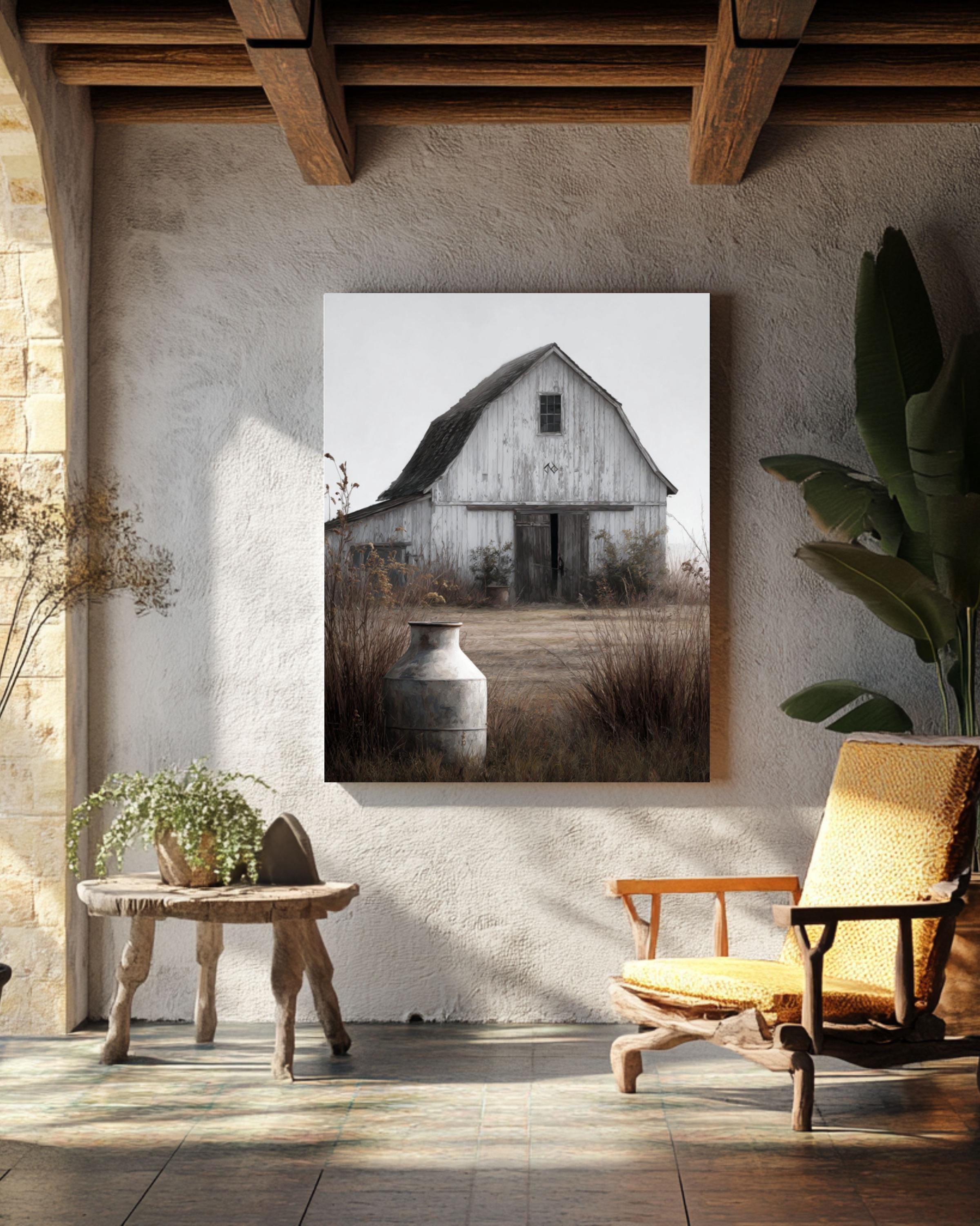 Rustic White Barn Print: Farmhouse Milk Can, Arrow Detail Canvas Wall Art – Modern Decor Print
