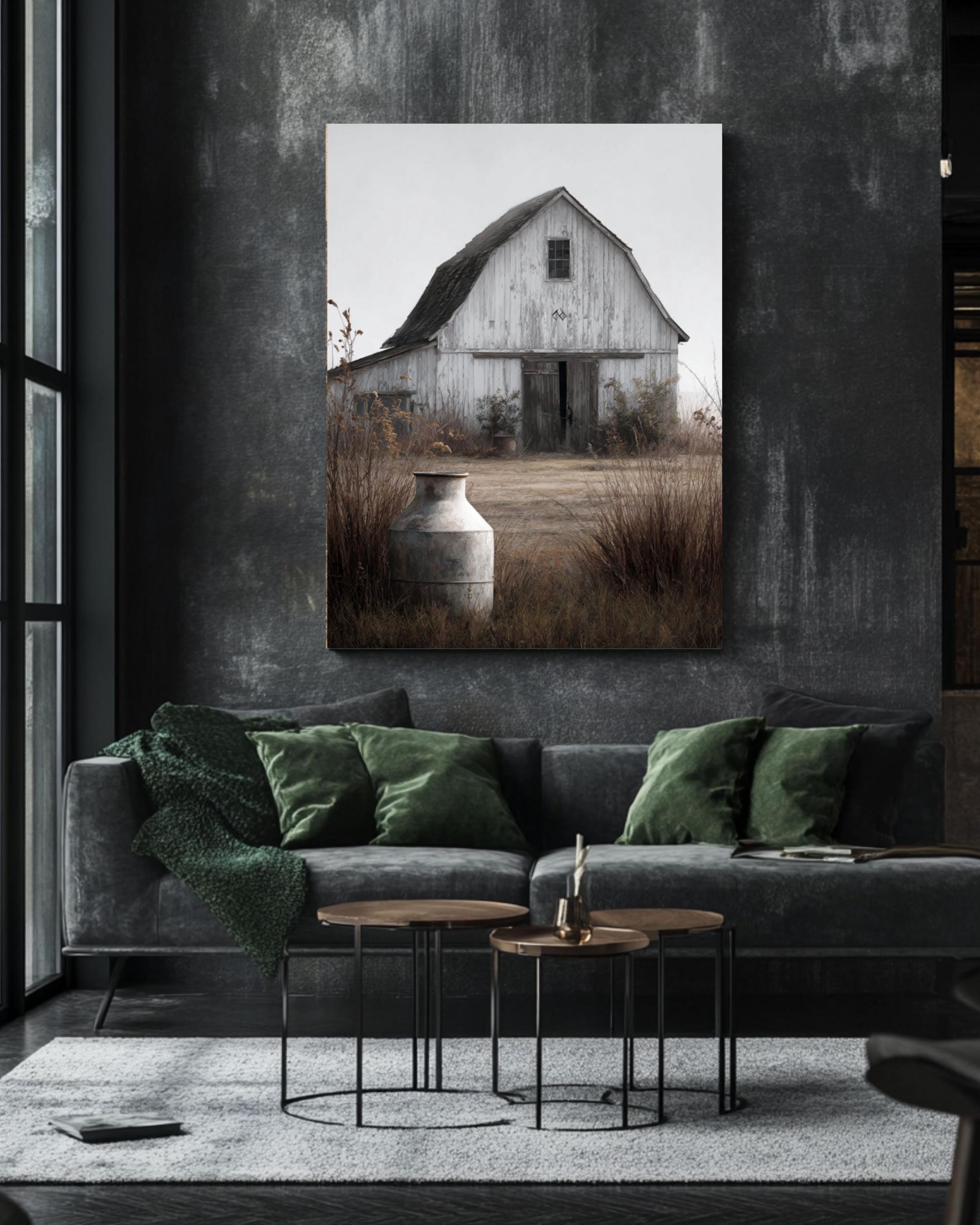 Rustic White Barn Print: Farmhouse Milk Can, Arrow Detail Canvas Wall Art – Modern Decor Print