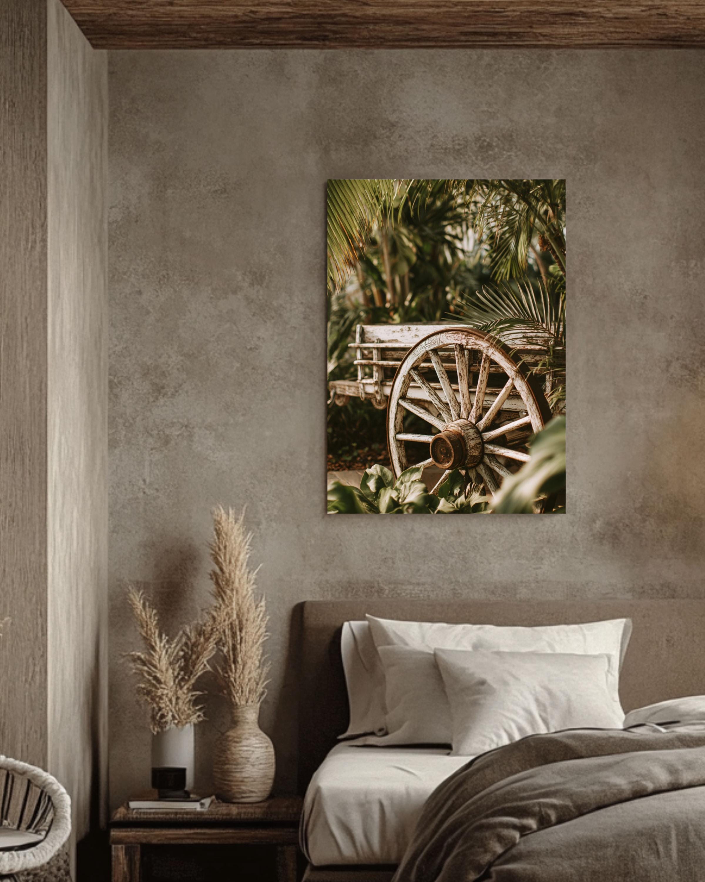 Rustic Wagon Wheel Art Print: Tropical Greenery, Farmhouse Decor Canvas Wall Art – Modern Decor Print