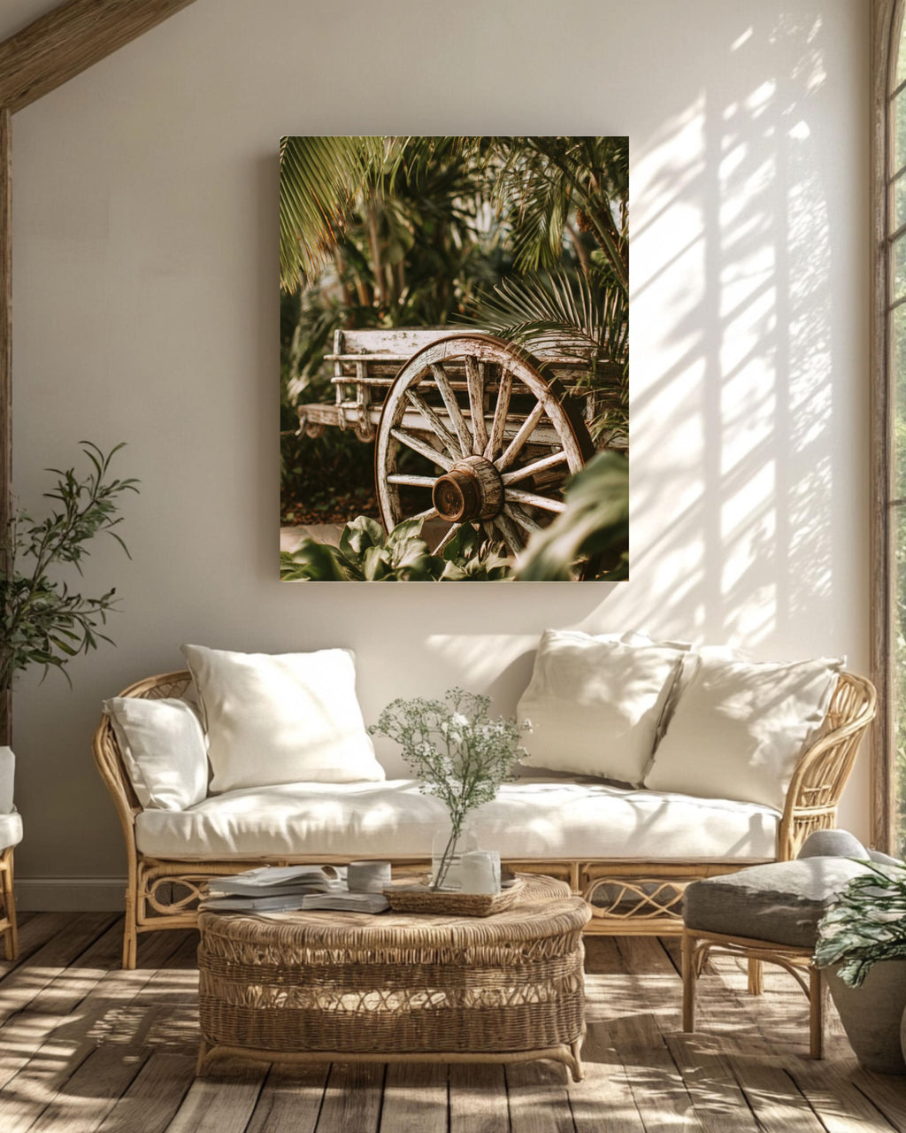 Rustic Wagon Wheel Art Print: Tropical Greenery, Farmhouse Decor Canvas Wall Art – Modern Decor Print