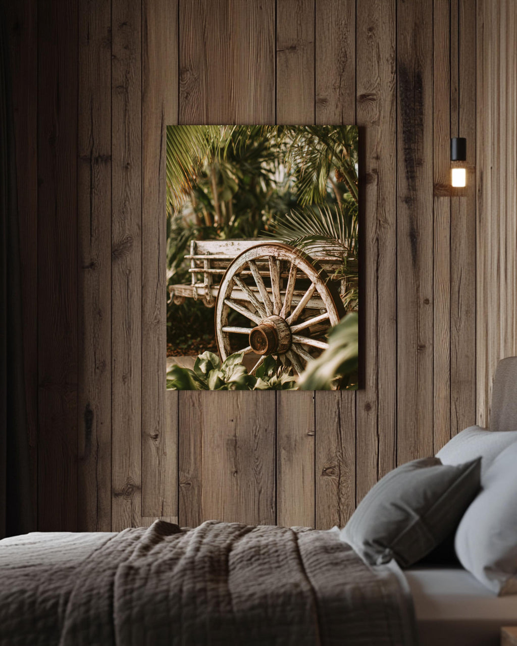 Rustic Wagon Wheel Art Print: Tropical Greenery, Farmhouse Decor Canvas Wall Art – Modern Decor Print