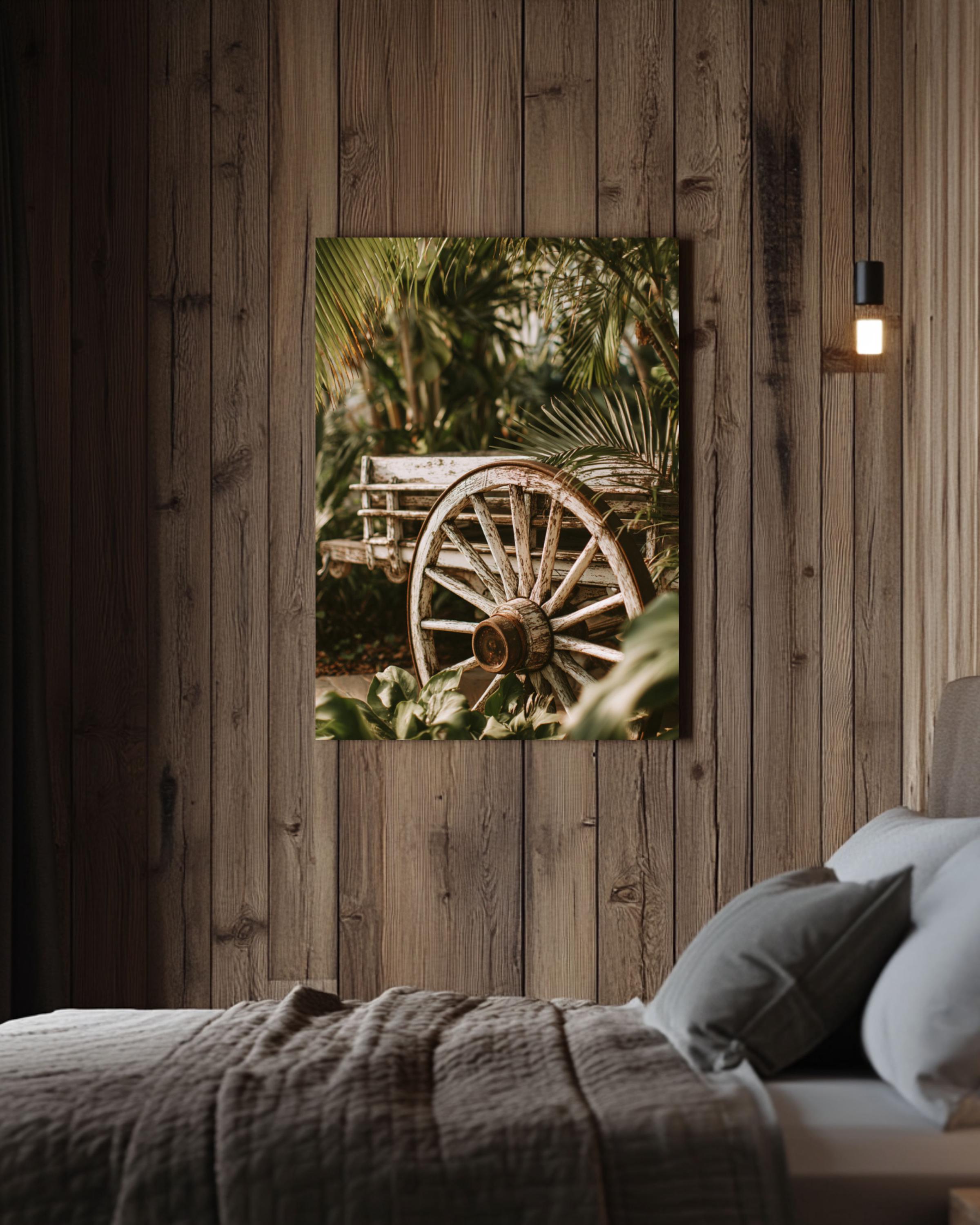 Rustic Wagon Wheel Art Print: Tropical Greenery, Farmhouse Decor Canvas Wall Art – Modern Decor Print