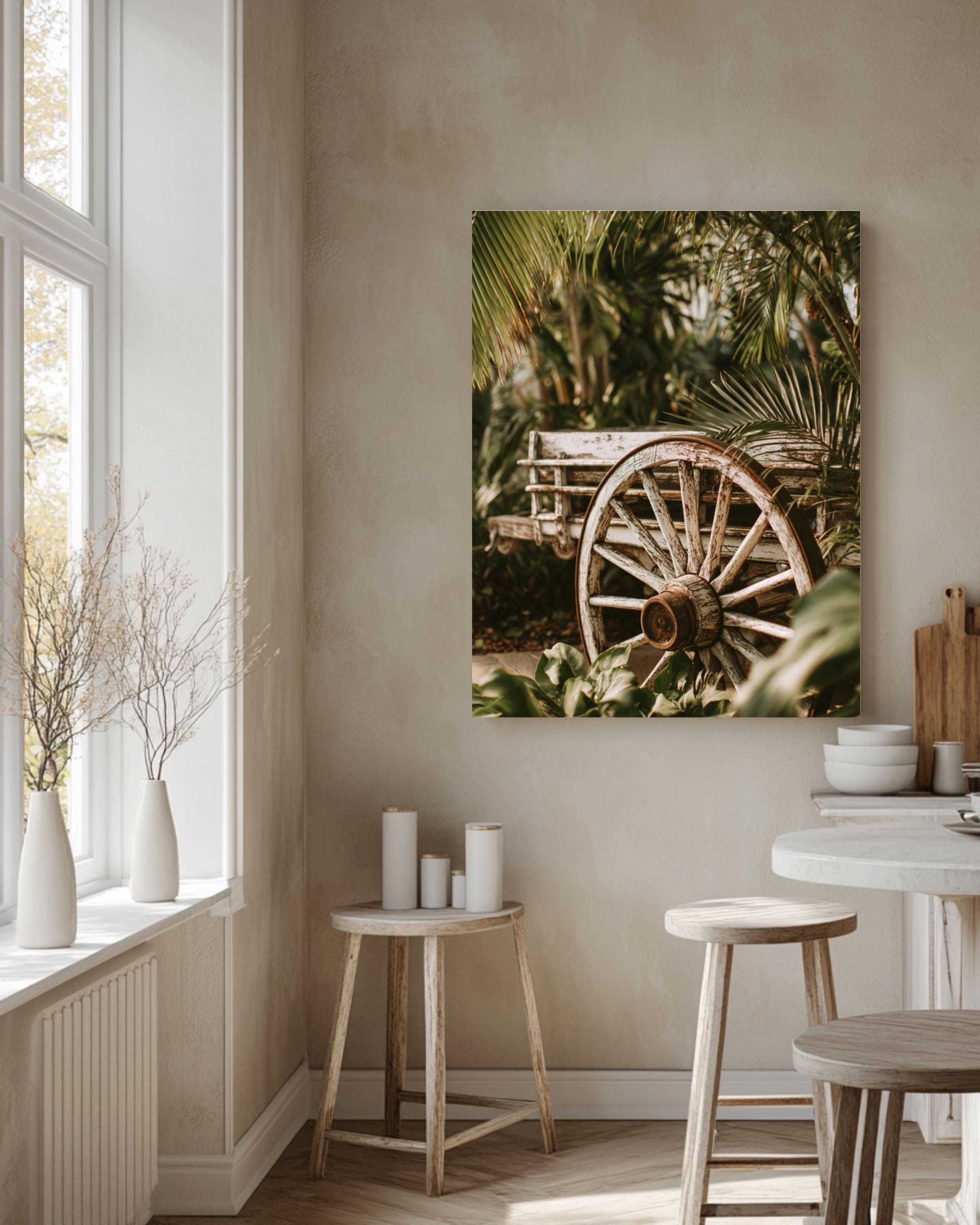 Rustic Wagon Wheel Art Print: Tropical Greenery, Farmhouse Decor Canvas Wall Art – Modern Decor Print