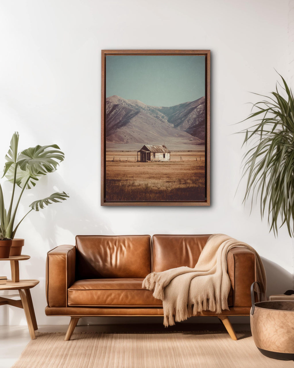 Rustic Cabin Field Art: Minimalist Mountain Landscape Print Canvas Wall Art – Modern Decor Print