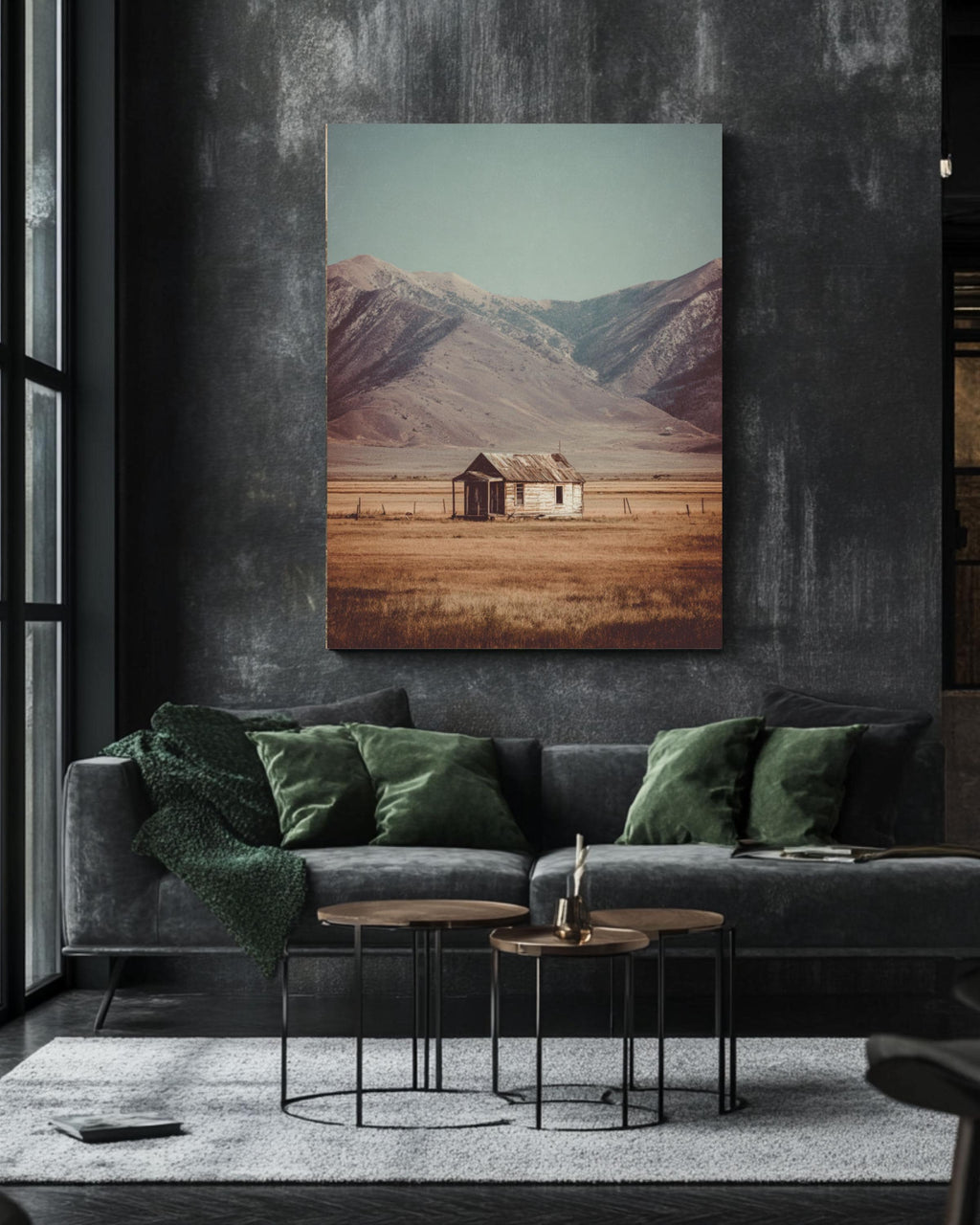 Rustic Cabin Field Art: Minimalist Mountain Landscape Print Canvas Wall Art – Modern Decor Print