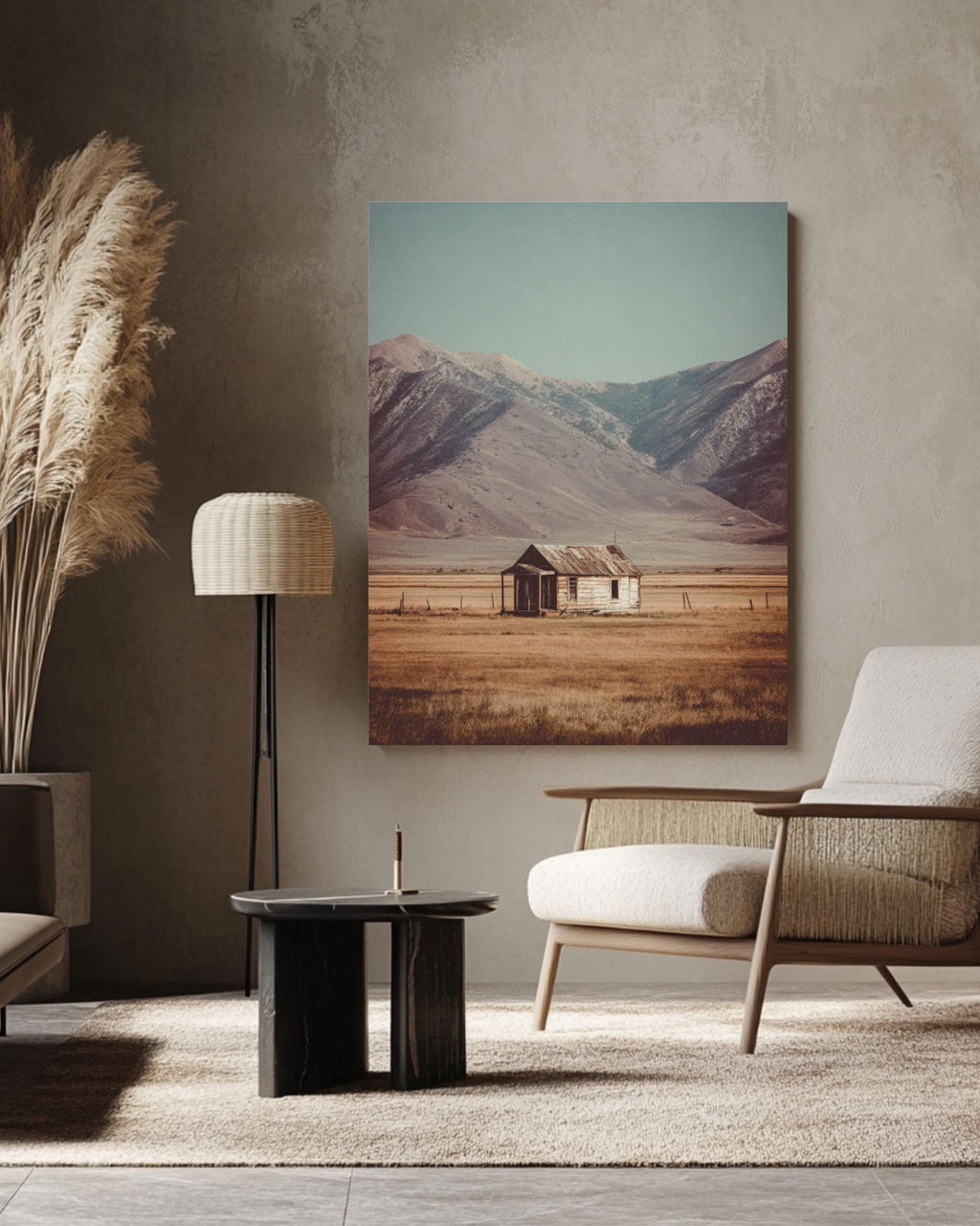 Rustic Cabin Field Art: Minimalist Mountain Landscape Print Canvas Wall Art – Modern Decor Print