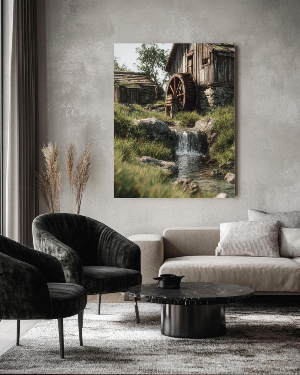Rustic Water Mill Landscape Art: Tarkovsky-Inspired Country Print Canvas Wall Art – Modern Decor Print