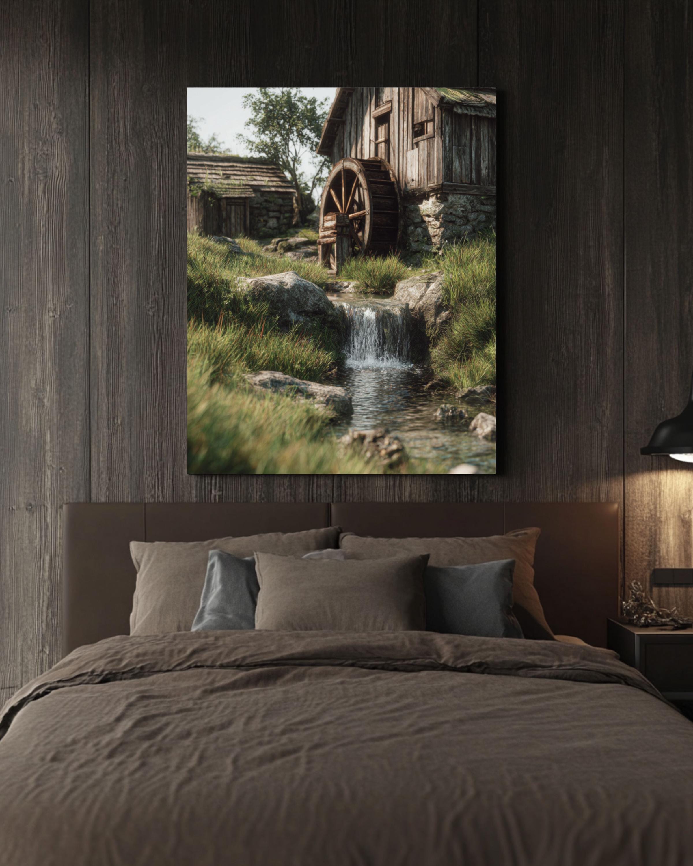 Rustic Water Mill Landscape Art: Tarkovsky-Inspired Country Print Canvas Wall Art – Modern Decor Print