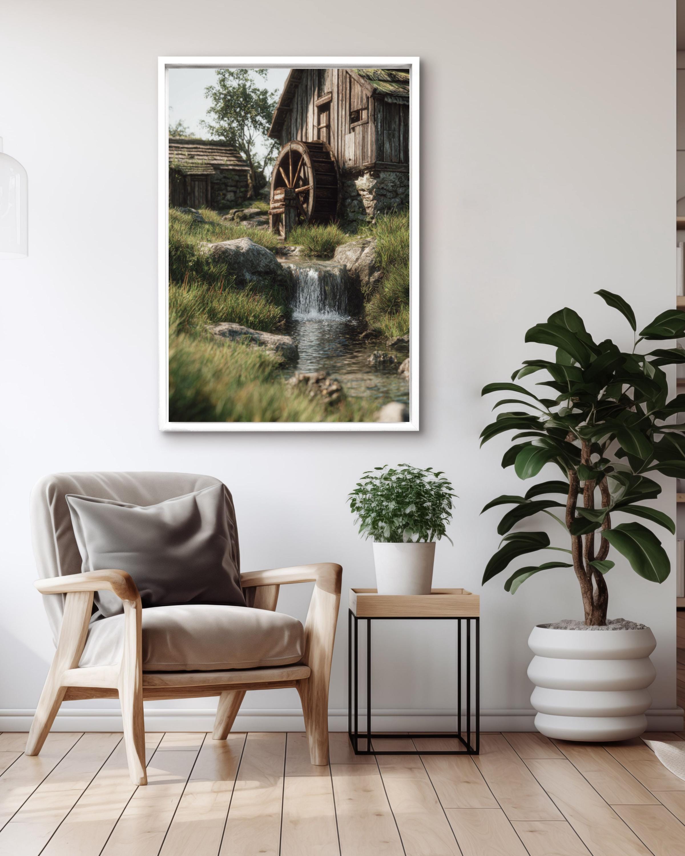 Rustic Water Mill Landscape Art: Tarkovsky-Inspired Country Print Canvas Wall Art – Modern Decor Print