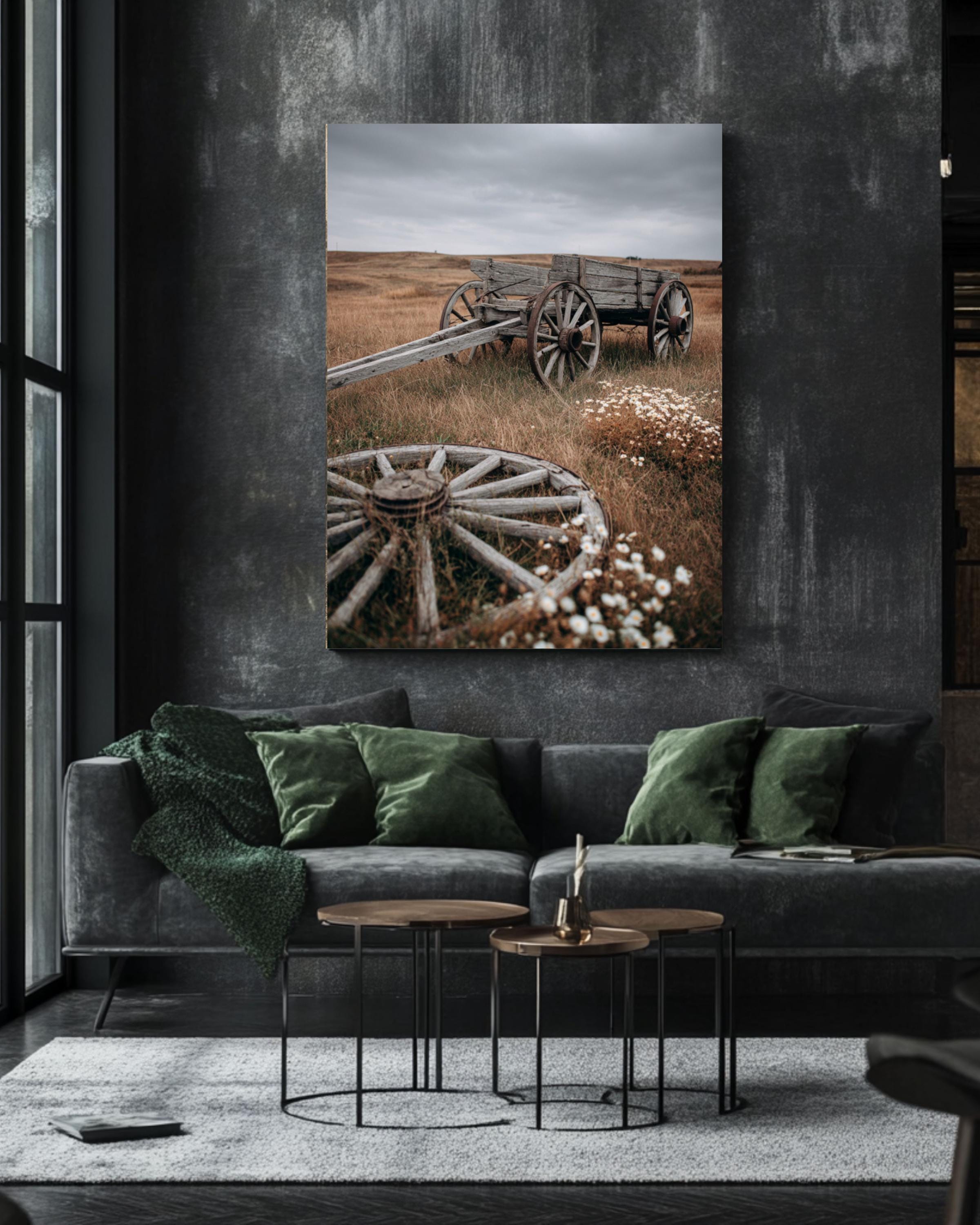 Rustic Wooden Cart in Field: Autumn Landscape Photography Canvas Wall Art – Modern Decor Print