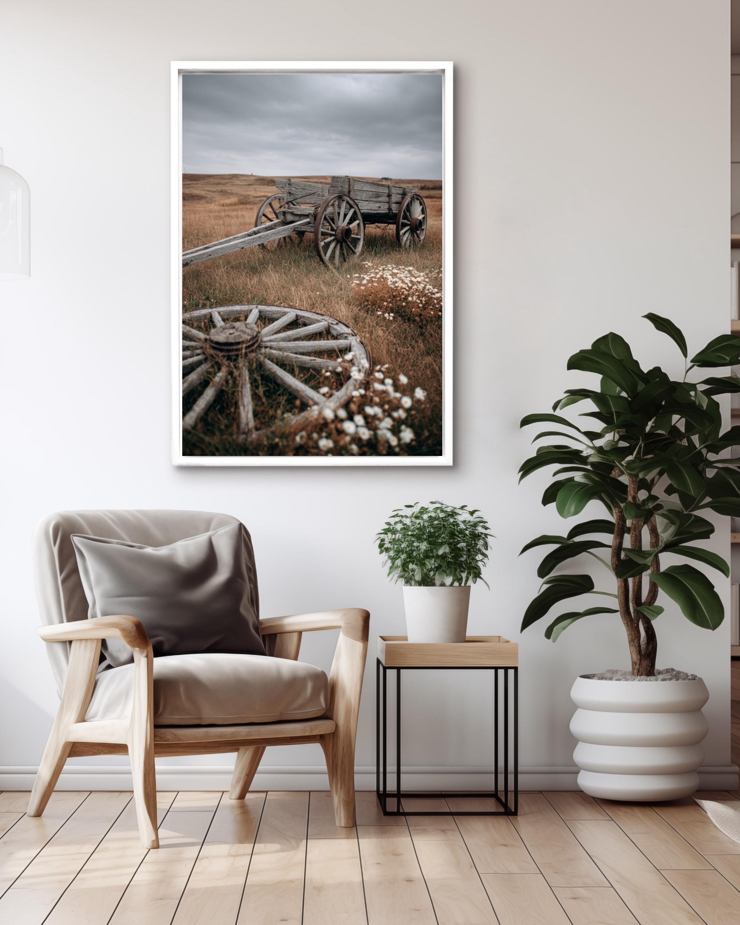 Rustic Wooden Cart in Field: Autumn Landscape Photography Canvas Wall Art – Modern Decor Print