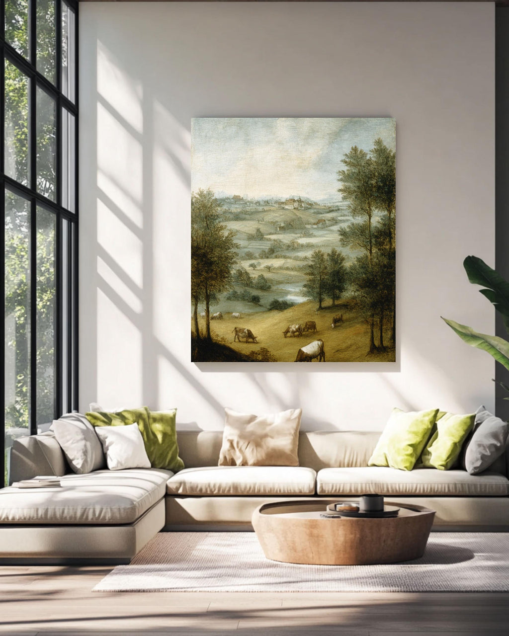 Pastoral Cow Landscape Art Print: Bruegel Style Farmhouse Decor Canvas Wall Art – Modern Decor Print