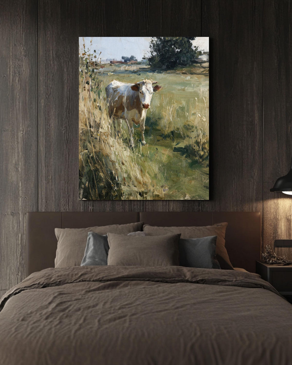 Cow in Grassy Field Art Print: Muted Oil Painting, John Singer Sargent Style Canvas Wall Art – Modern Decor Print