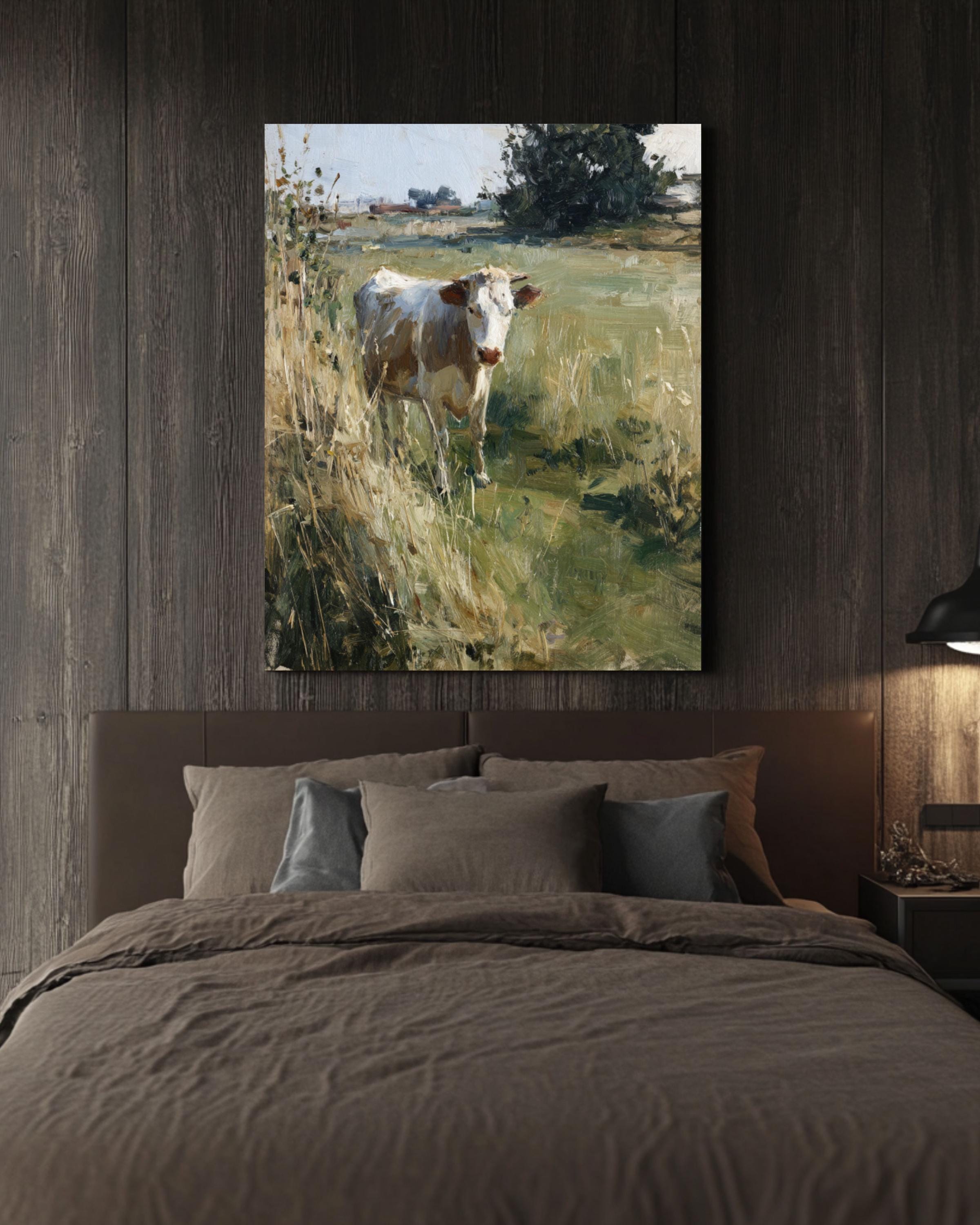 Cow in Grassy Field Art Print: Muted Oil Painting, John Singer Sargent Style Canvas Wall Art – Modern Decor Print