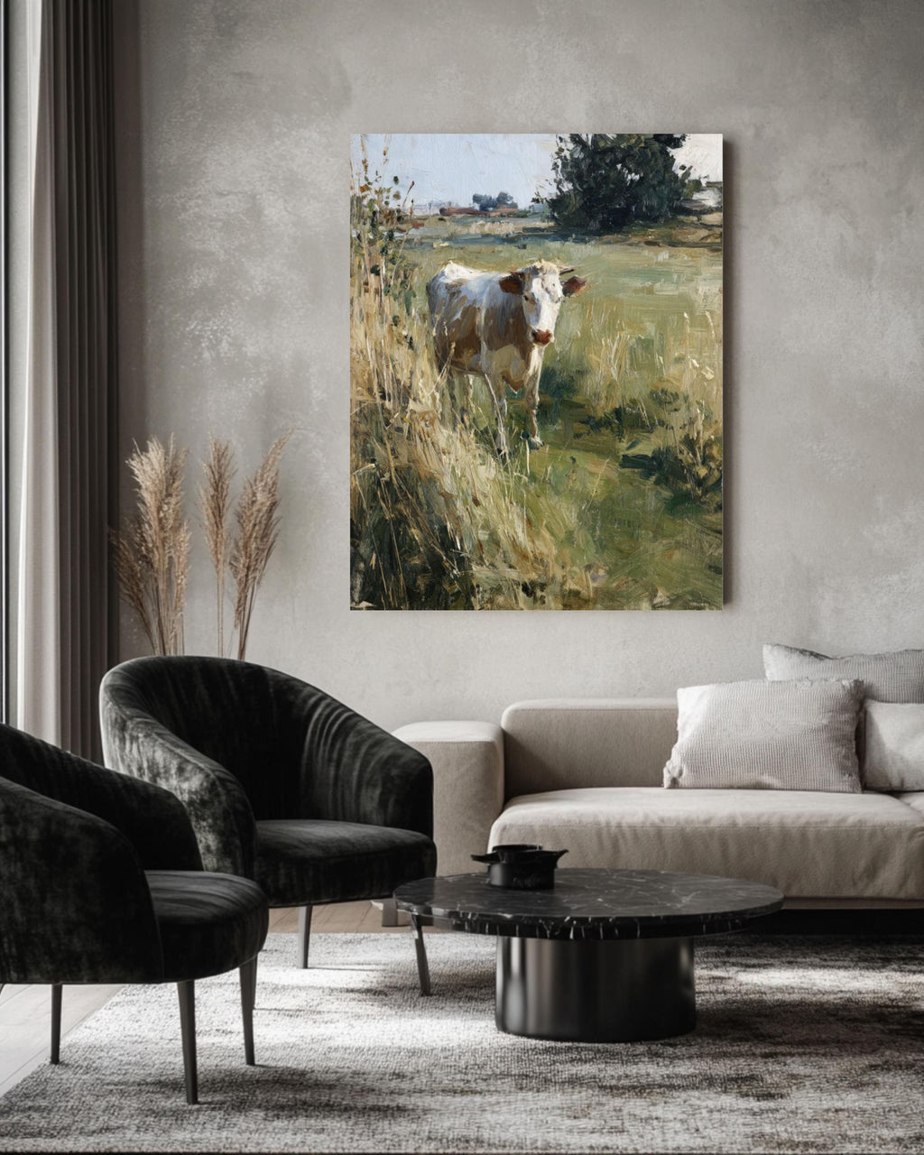 Cow in Grassy Field Art Print: Muted Oil Painting, John Singer Sargent Style Canvas Wall Art – Modern Decor Print