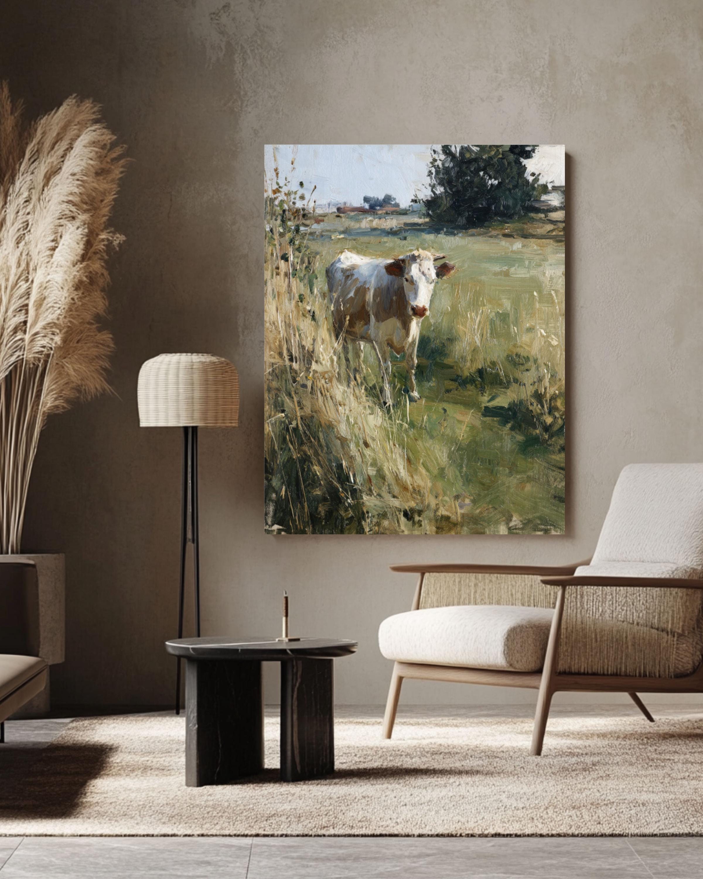 Cow in Grassy Field Art Print: Muted Oil Painting, John Singer Sargent Style Canvas Wall Art – Modern Decor Print