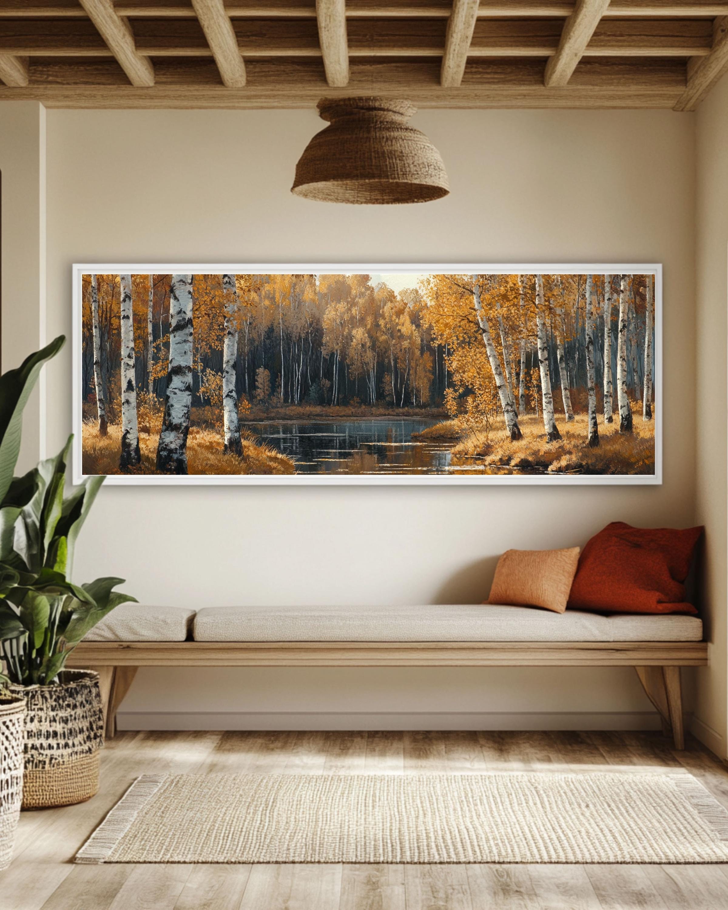 Autumn Birch Forest River Art: Shishkin & Gurney Style Canvas or Poster Canvas Wall Art – Modern Decor Print