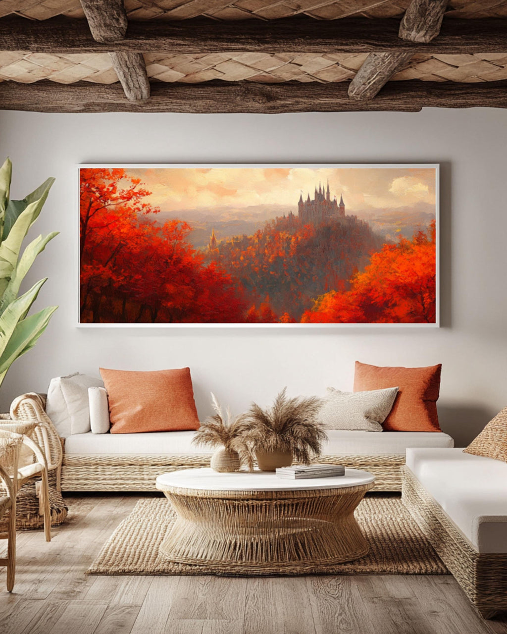 Autumn Castle Art: Red & Orange Forest Landscape Painting Canvas Wall Art – Modern Decor Print