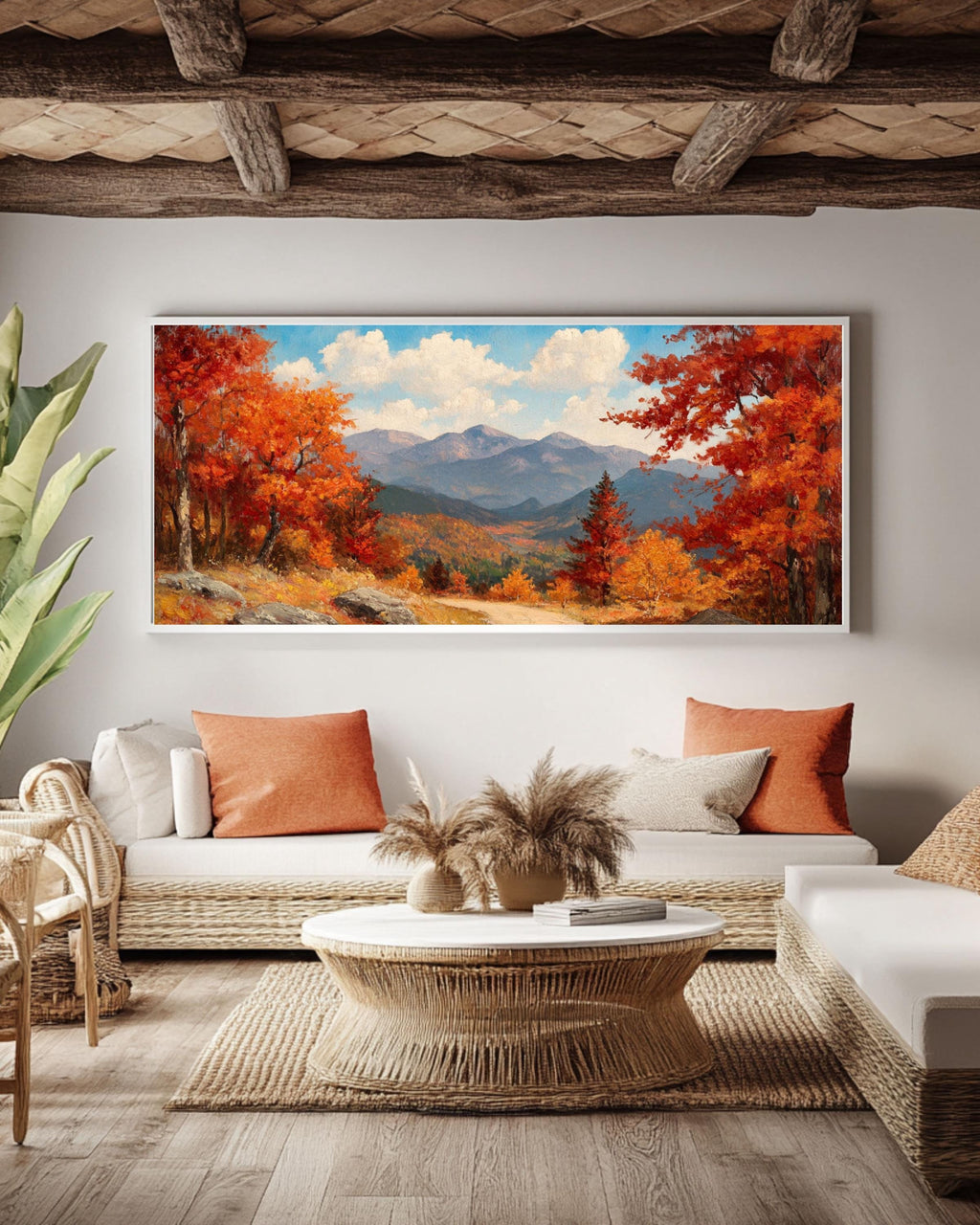 Vintage Autumn Landscape Art: Mountain View Oil Painting Style Canvas Wall Art – Modern Decor Print