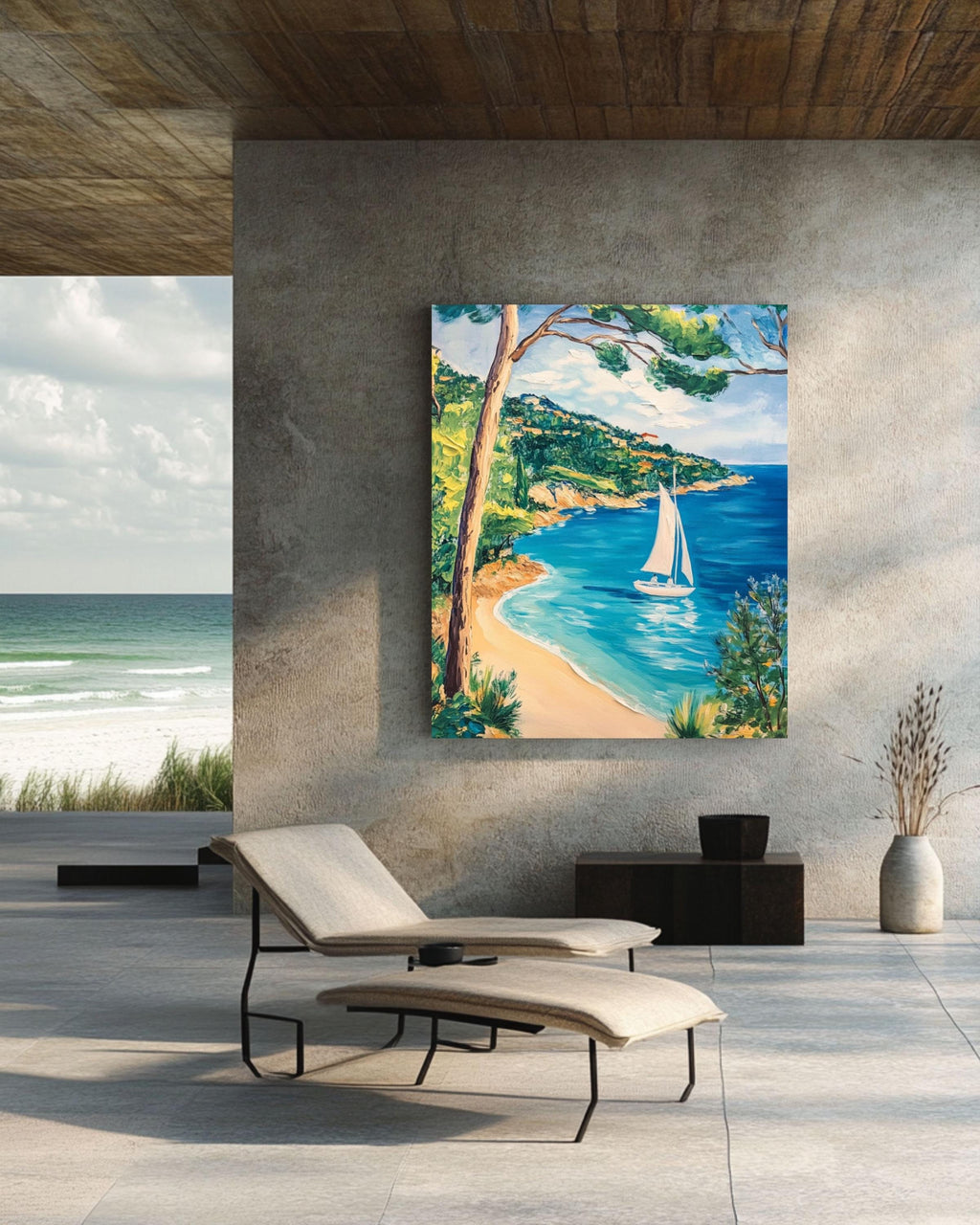 French Riviera Sailboat Print: Matisse Style Coastal Art, Turquoise Sea Canvas Wall Art – Modern Decor Print