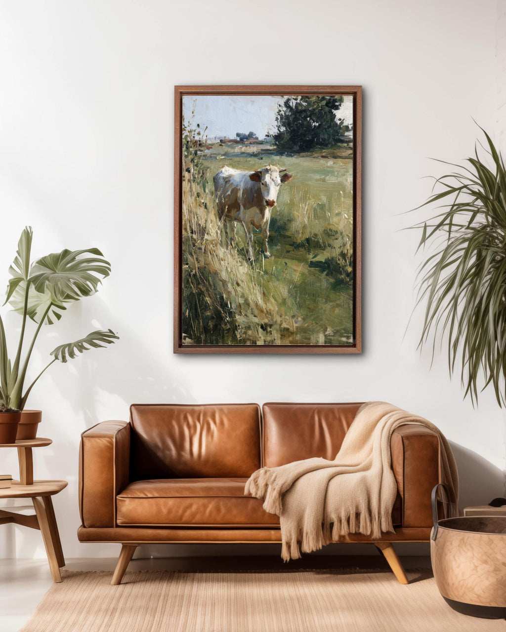 Cow in Grassy Field Art Print: Muted Oil Painting, John Singer Sargent Style Canvas Wall Art – Modern Decor Print
