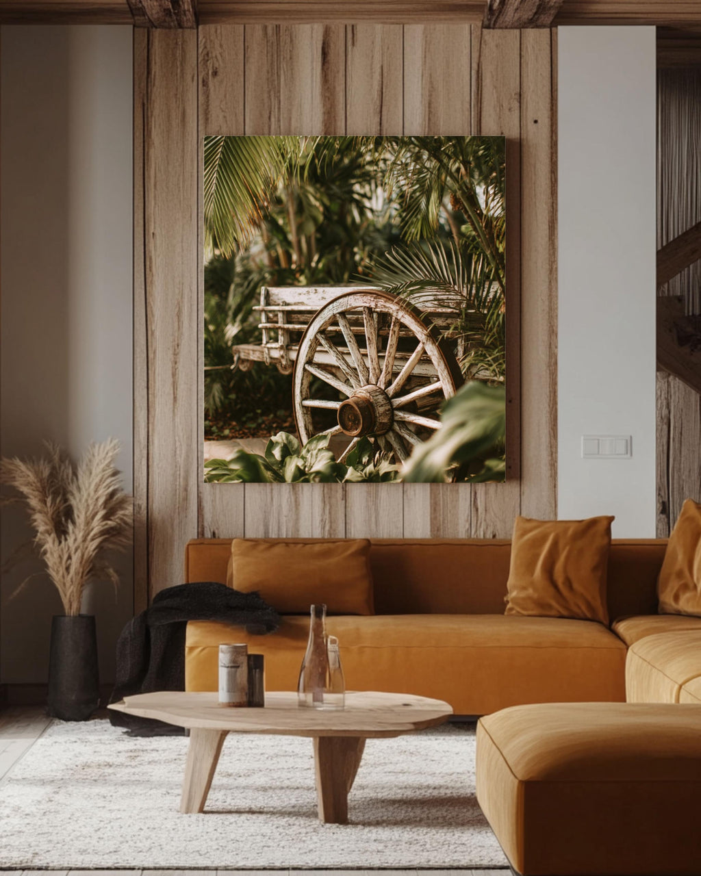 Rustic Wagon Wheel Art Print: Tropical Greenery, Farmhouse Decor Canvas Wall Art – Modern Decor Print