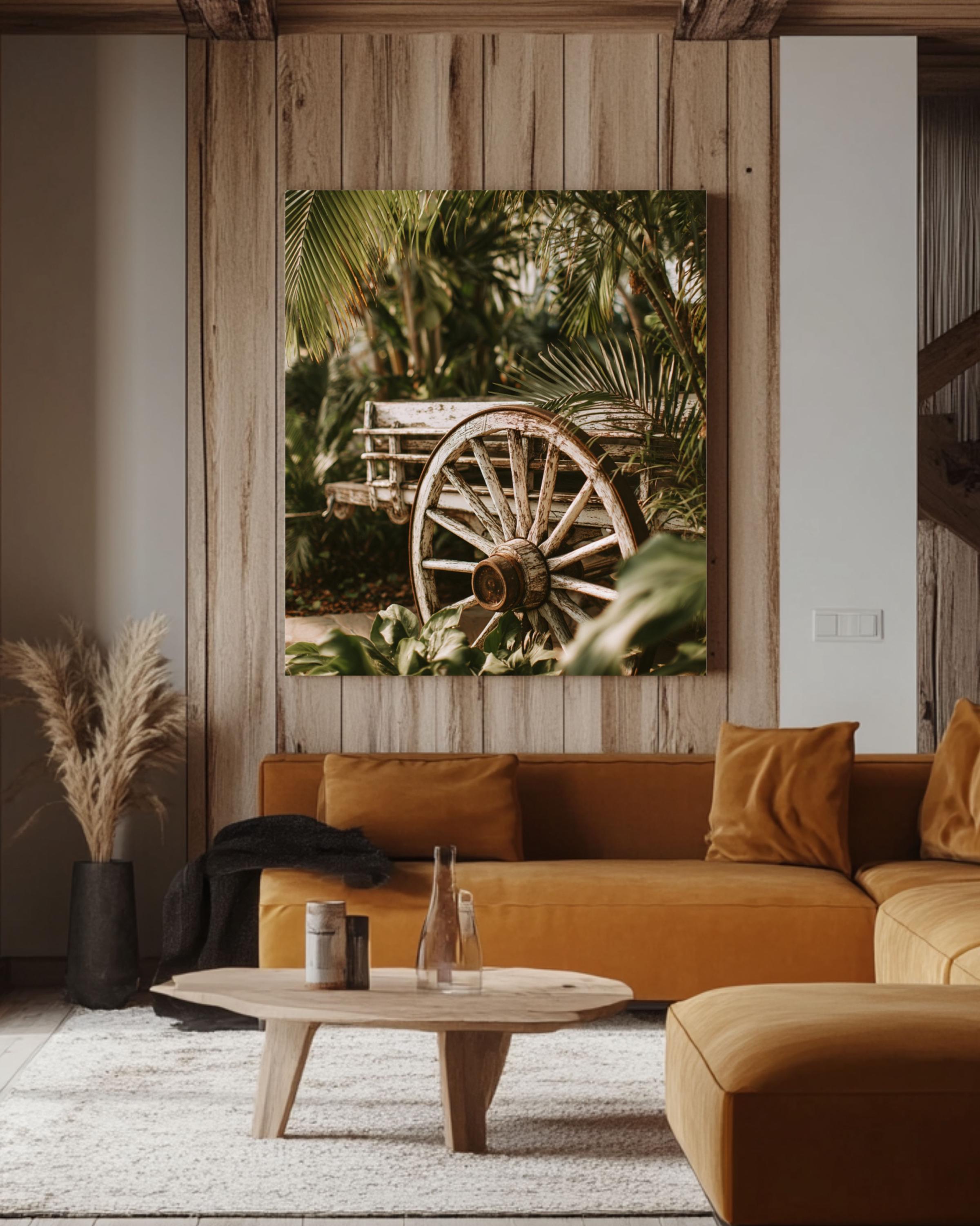 Rustic Wagon Wheel Art Print: Tropical Greenery, Farmhouse Decor Canvas Wall Art – Modern Decor Print